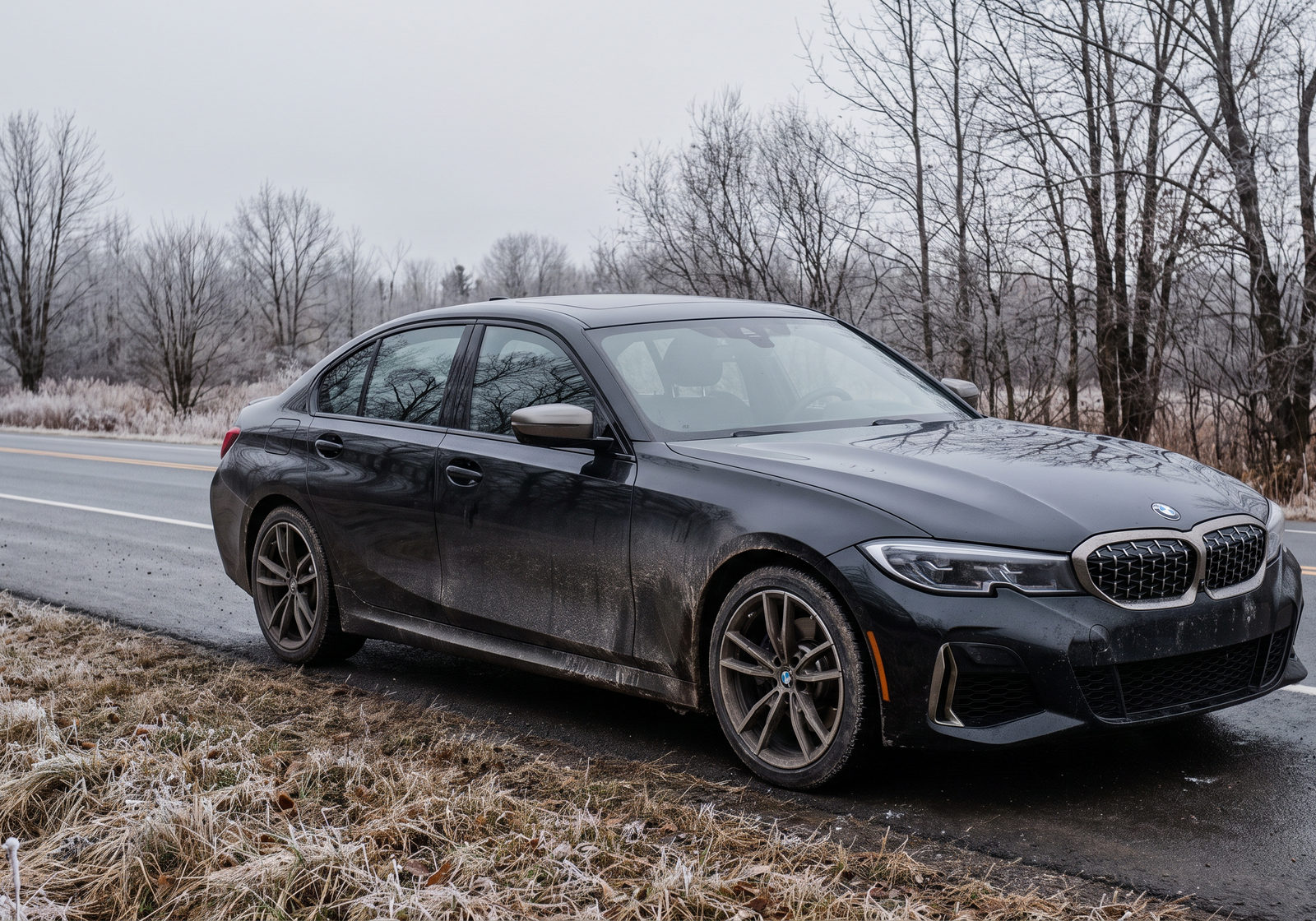 Black BMW M340i G20 parked on a rural Quebec roadside in late fall, road grime on the lower panels
