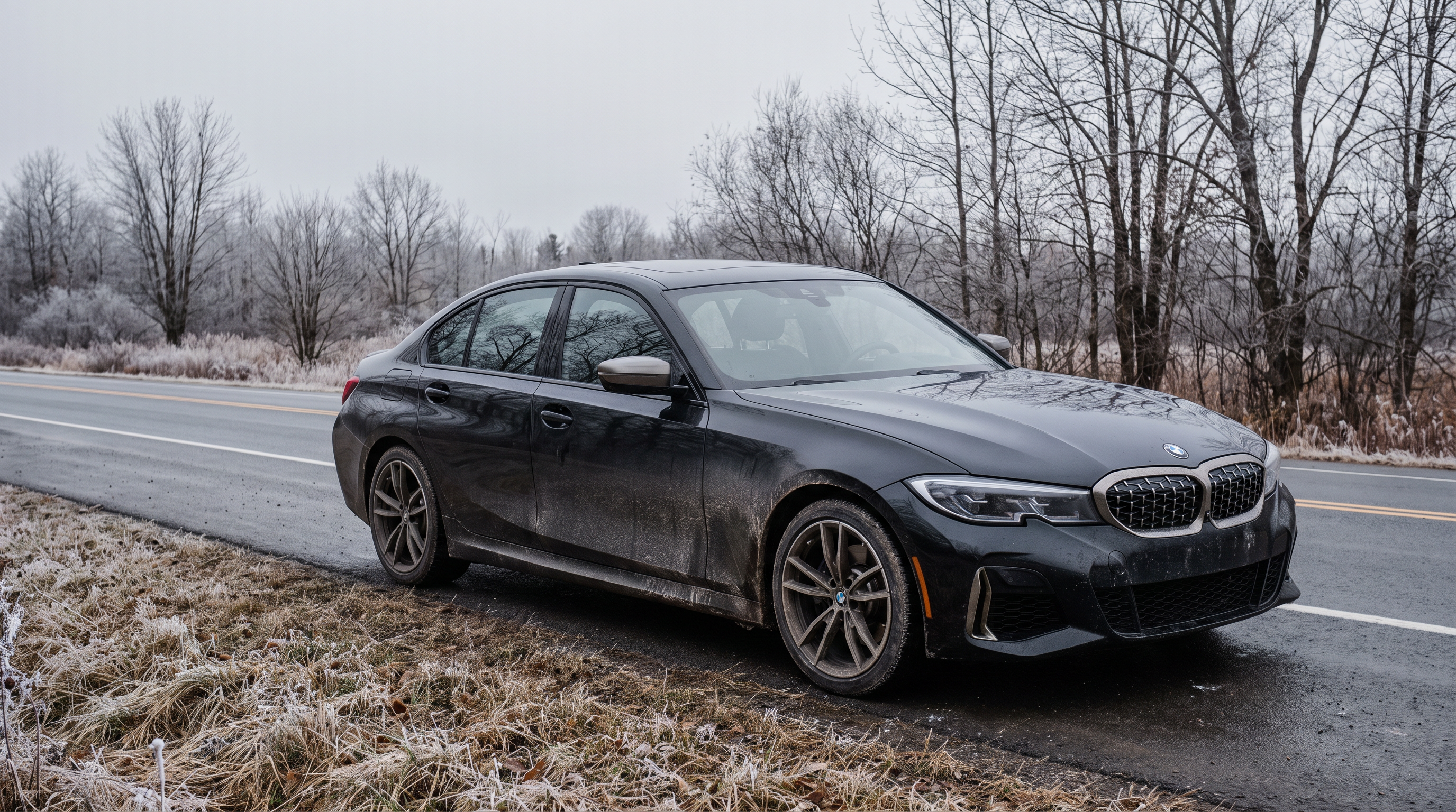 Black BMW M340i G20 parked on a rural Quebec roadside in late fall, road grime on the lower panels
