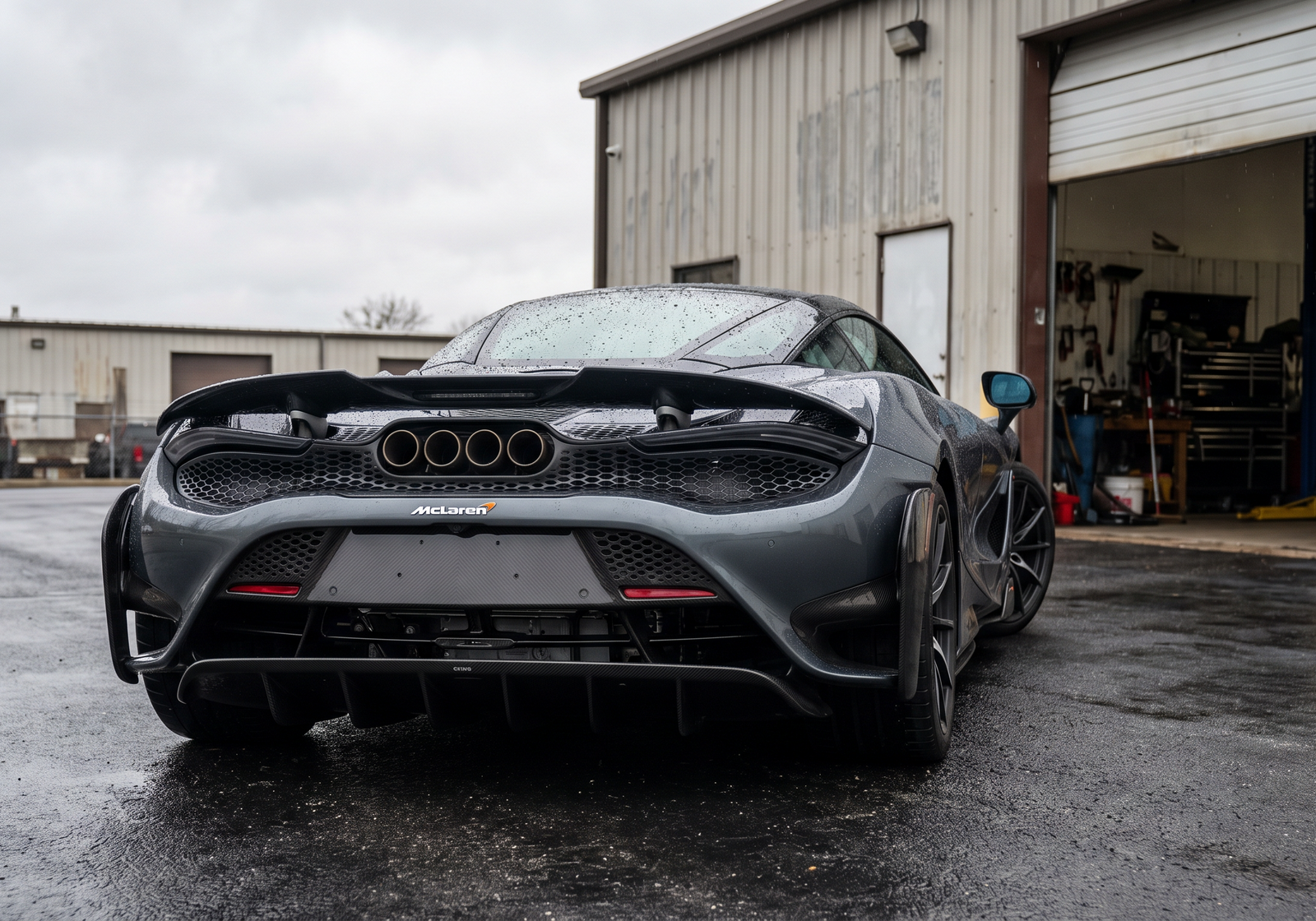 Grey McLaren 765LT with quad center-exit exhausts on wet asphalt outside a workshop