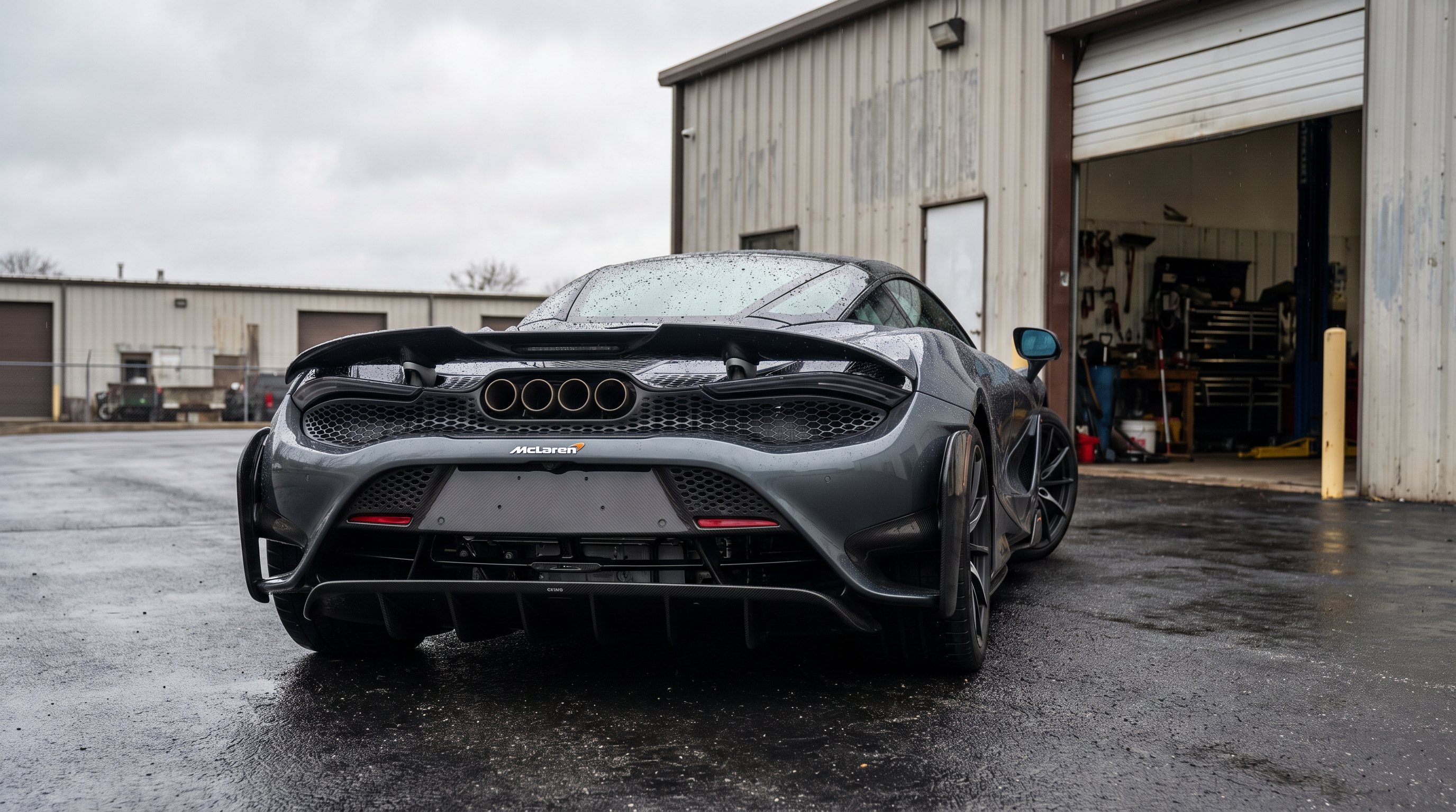 Grey McLaren 765LT with quad center-exit exhausts on wet asphalt outside a workshop