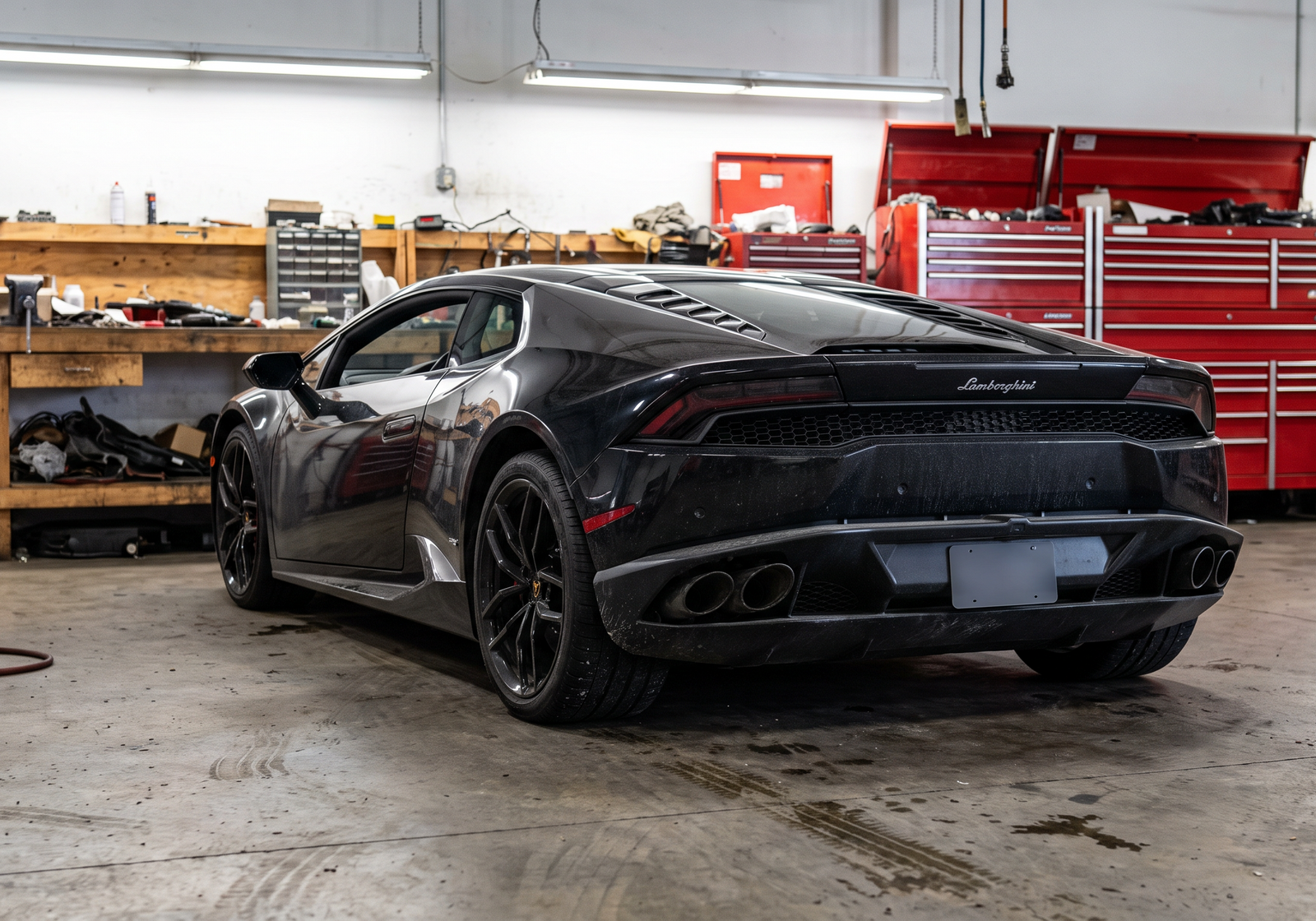Black Lamborghini Huracan in a workshop bay with toolboxes and workbenches