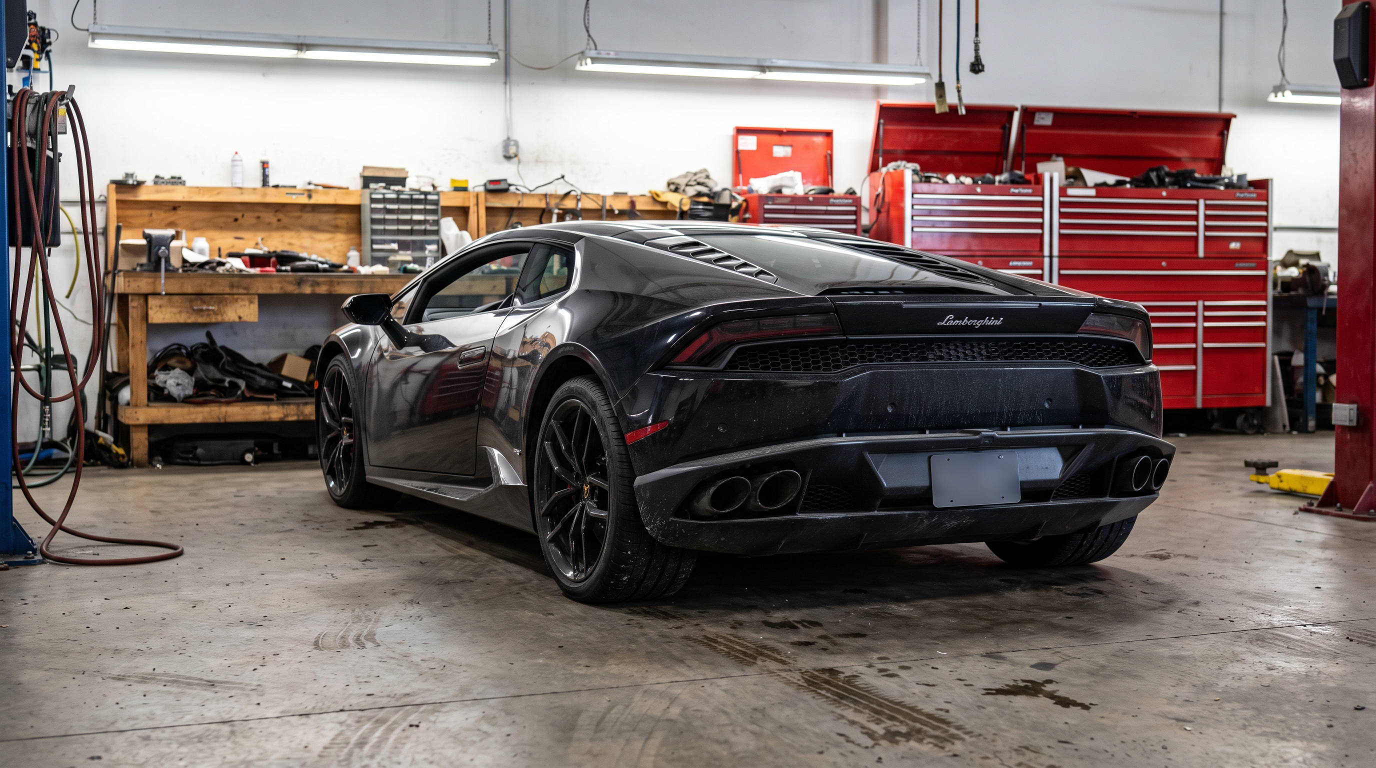 Black Lamborghini Huracan in a workshop bay with toolboxes and workbenches