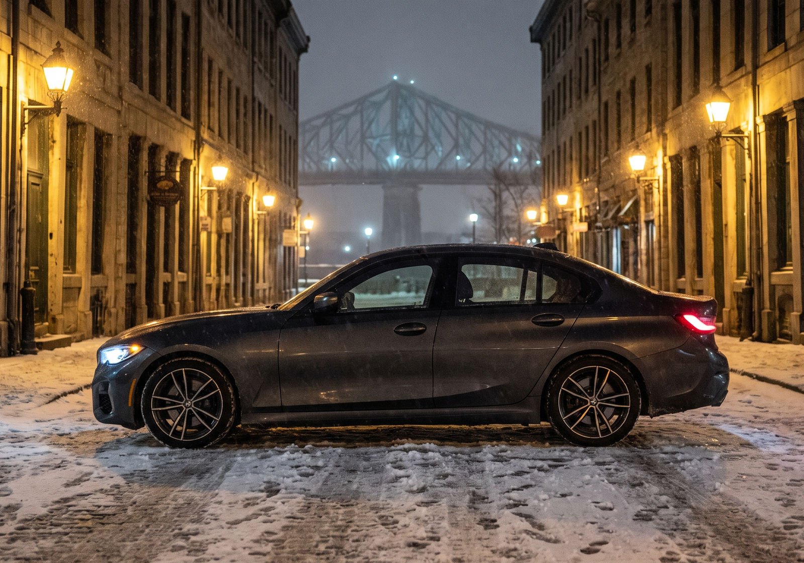 BMW M340i parked on a snowy Old Montreal street at night with the Jacques Cartier bridge in the distance
