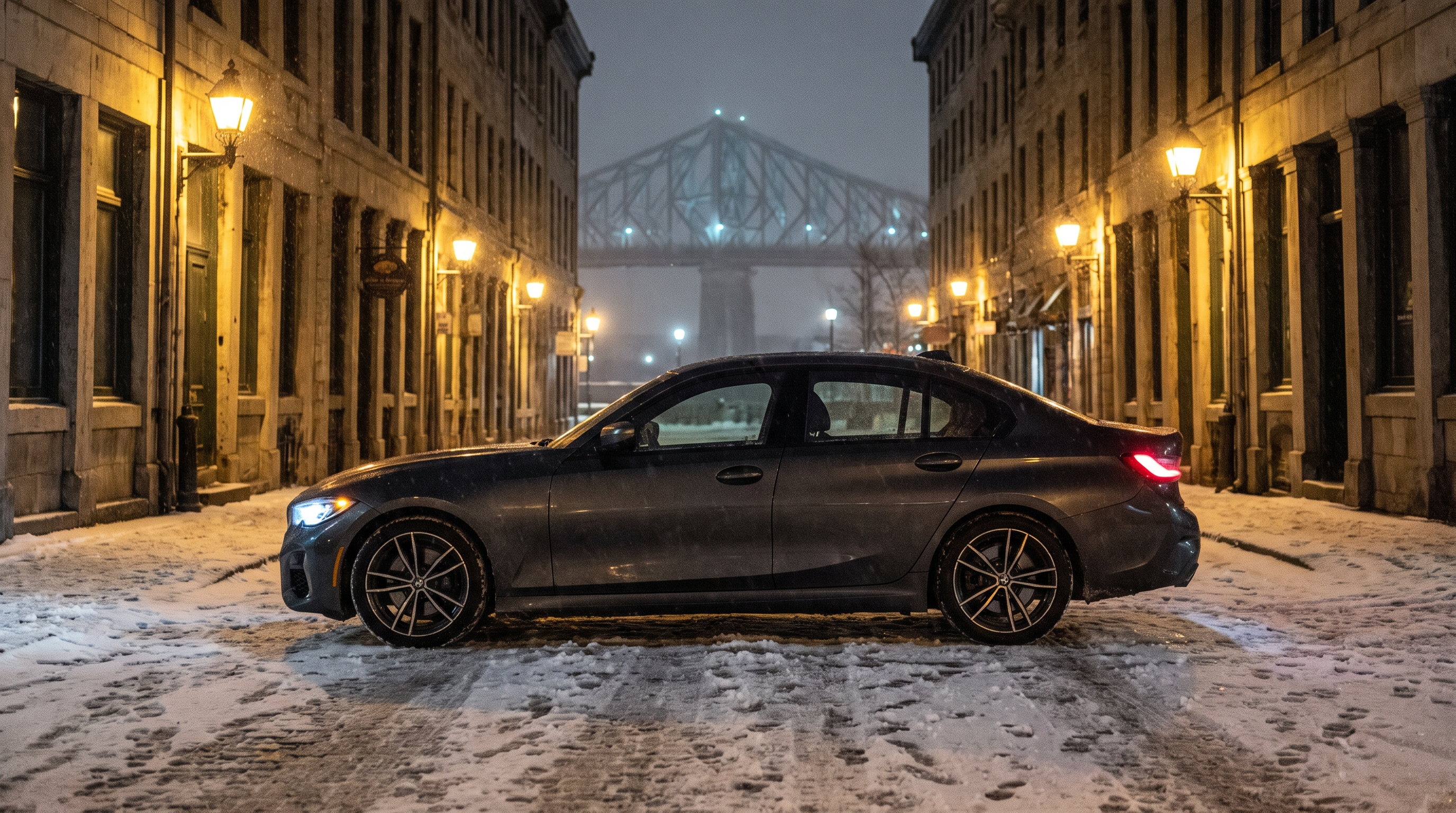 BMW M340i parked on a snowy Old Montreal street at night with the Jacques Cartier bridge in the distance