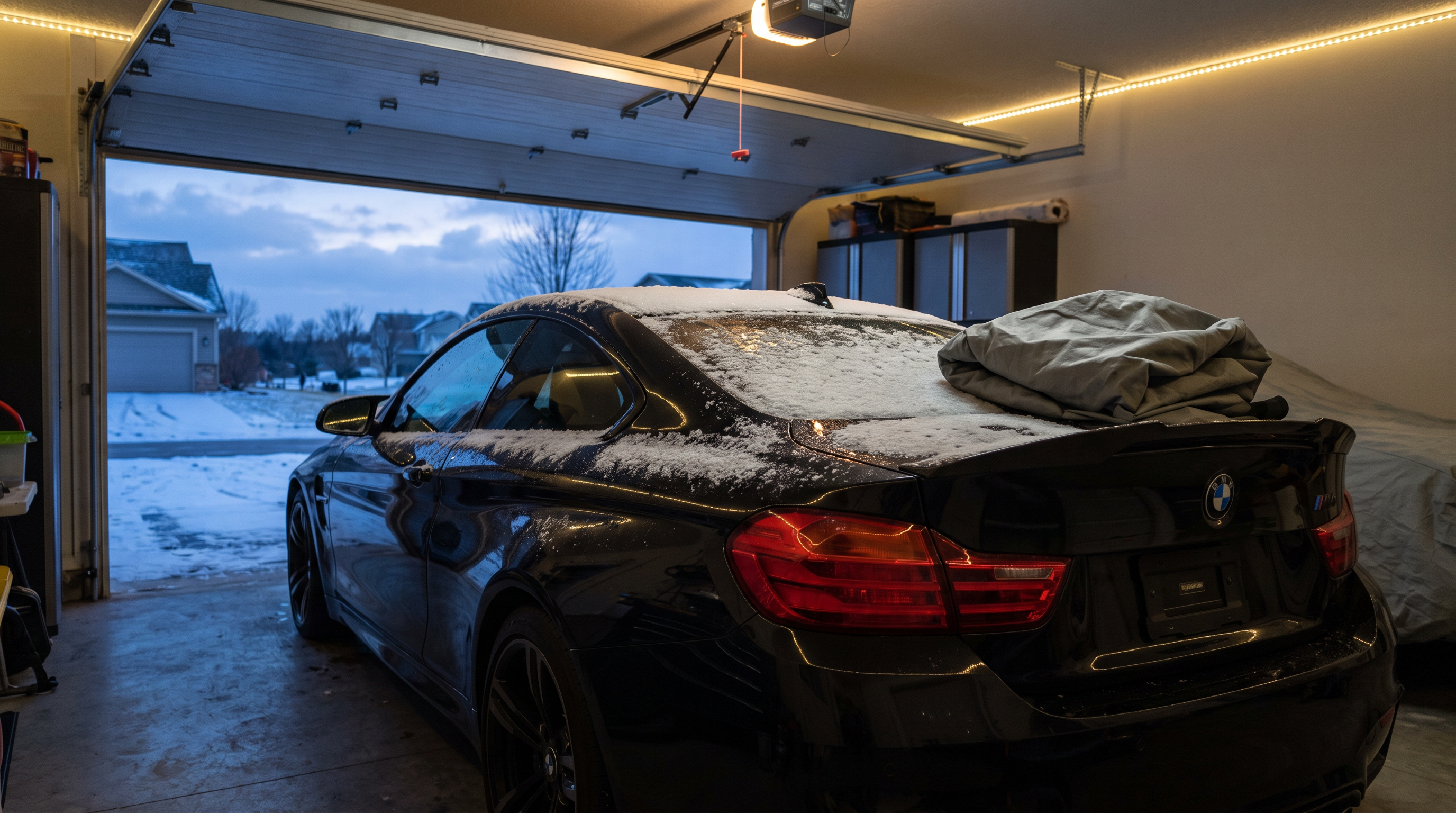 Snow-dusted black BMW M4 parked in a residential garage for winter storage, car cover on the trunk