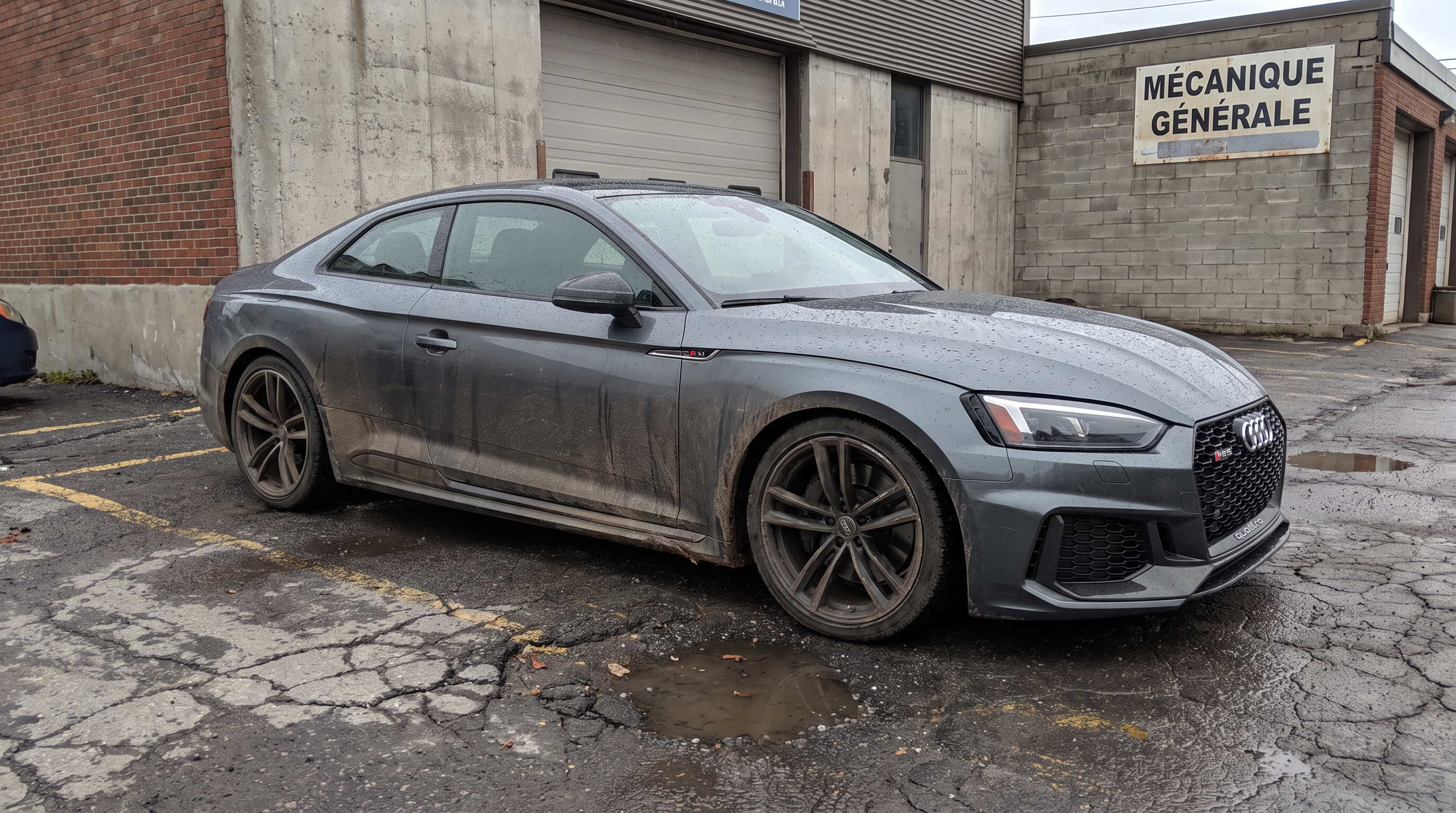 Illustration: dirty dark Audi RS5 coupe parked outside a wet workshop on an overcast day