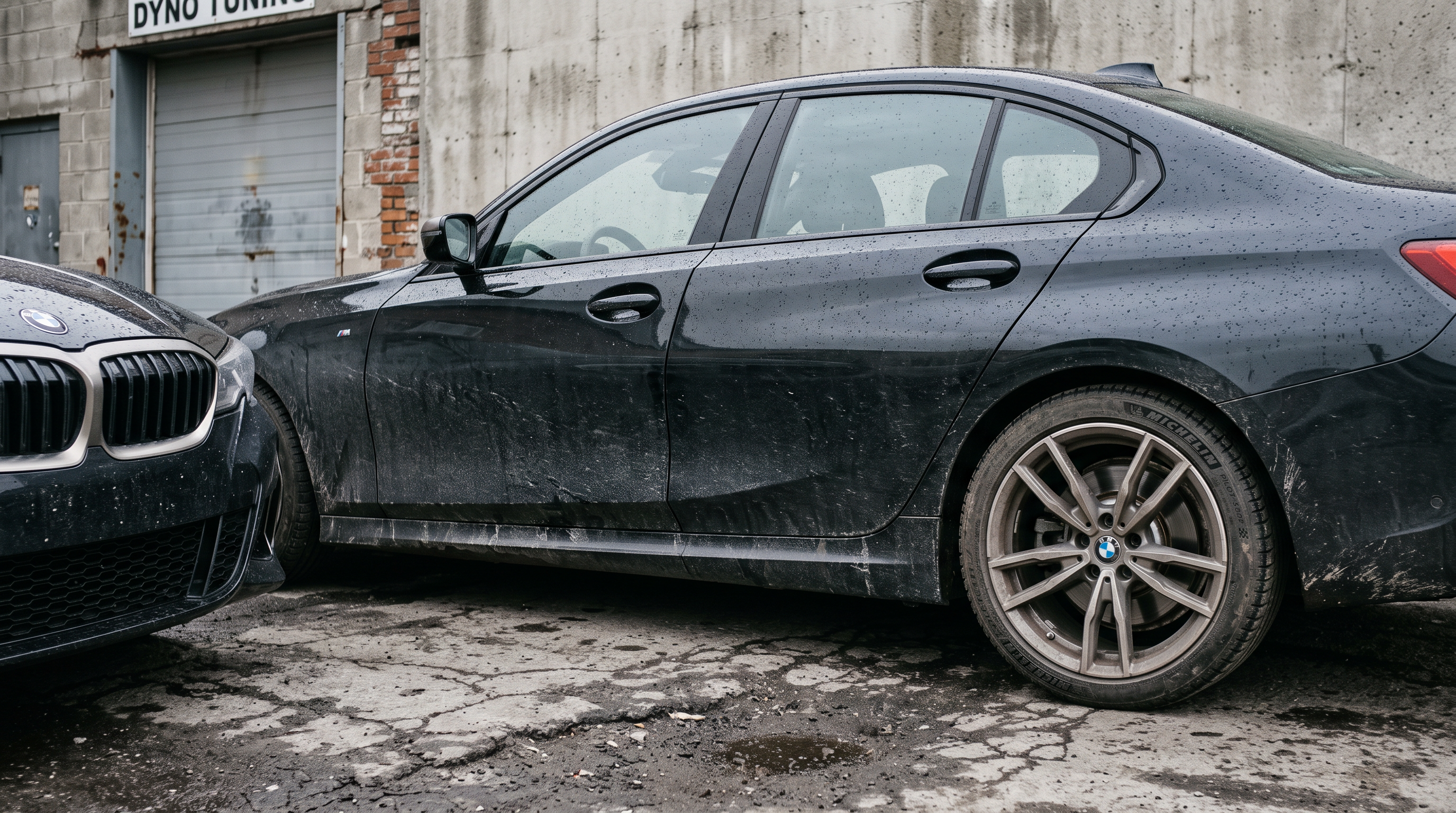 Illustration: grimy black BMW M340i sedan outside a small dyno workshop on a wet overcast day