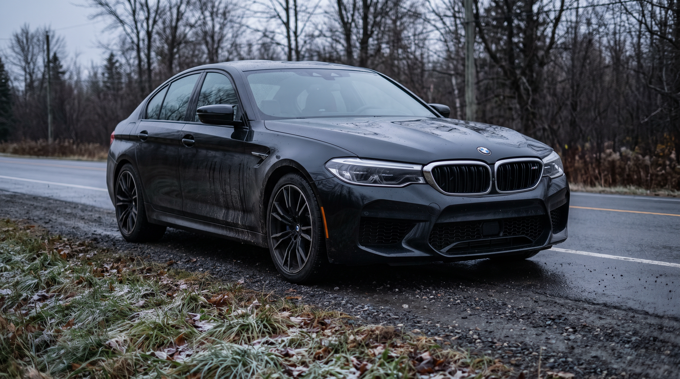 Realistic editorial photo of a black BMW M5 F90 on a wet roadside for AZ Motorsport BMW S63 M5 and X5M/X6M downpipe and exhaust guide