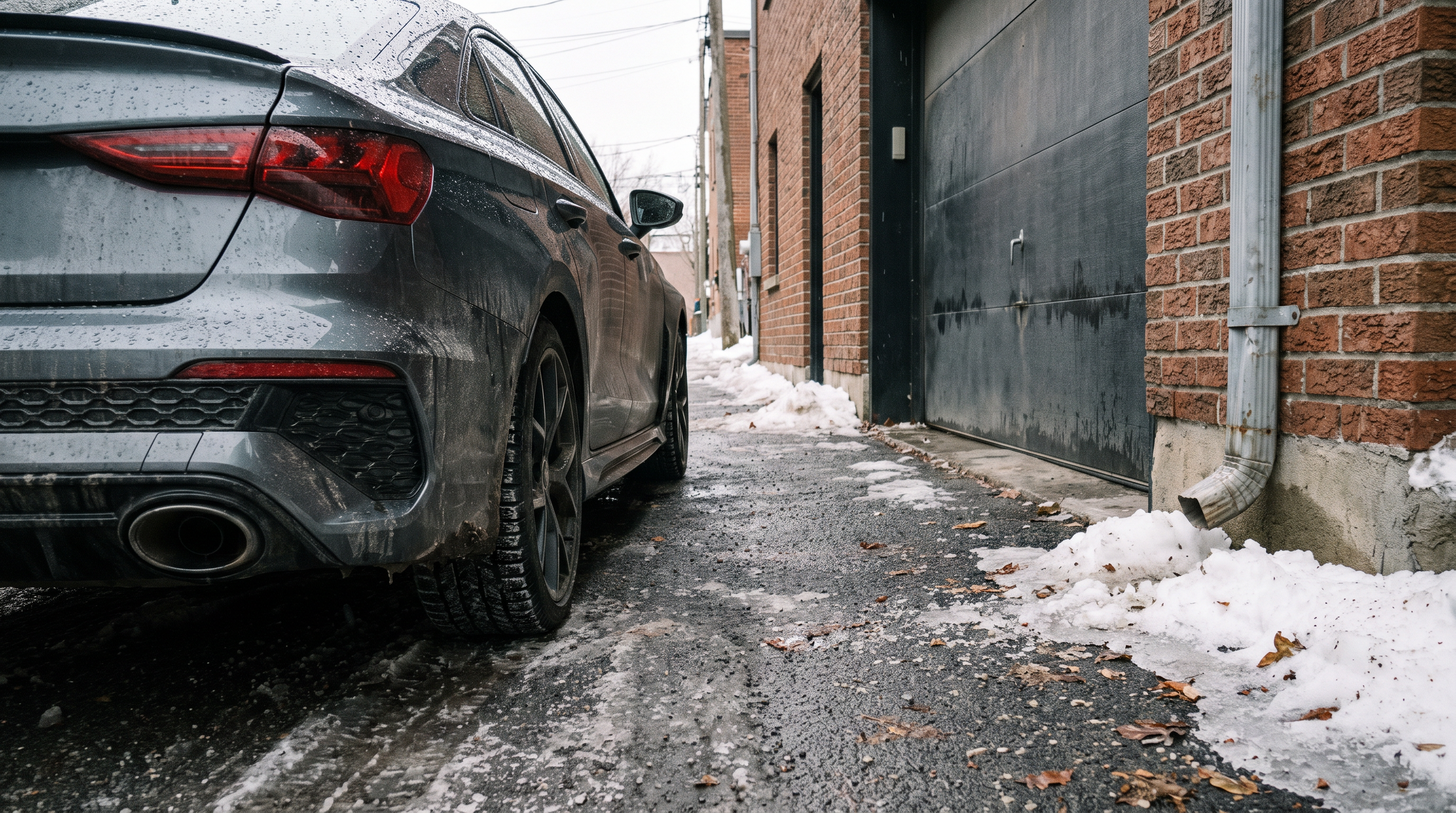 Realistic rear three-quarter photo of a grey Audi RS3 8Y sedan on wet pavement for an AZ Motorsport downpipe and exhaust fitment guide