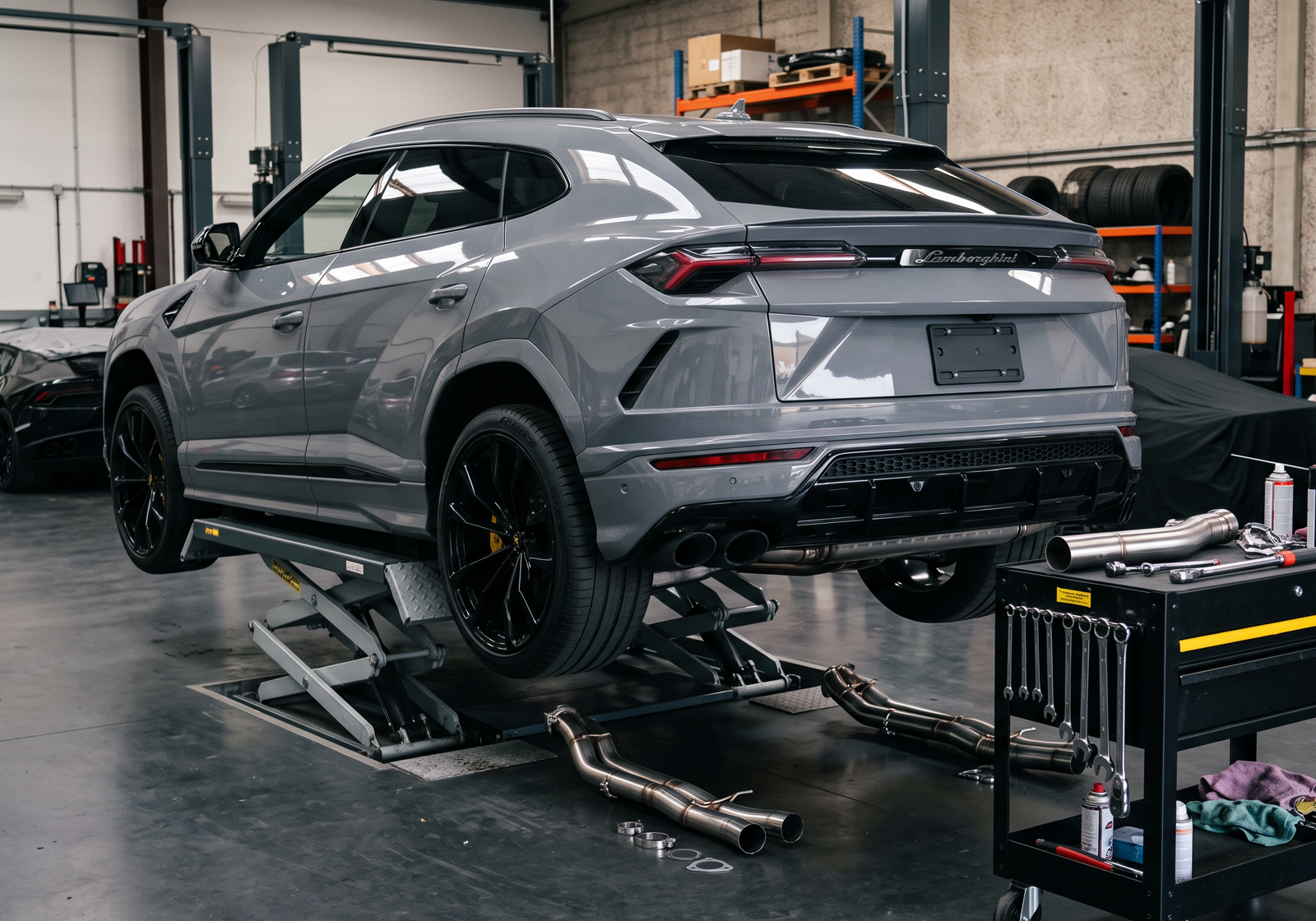 Lamborghini Urus in a performance workshop with exhaust components for an exhaust vs downpipes buyer guide