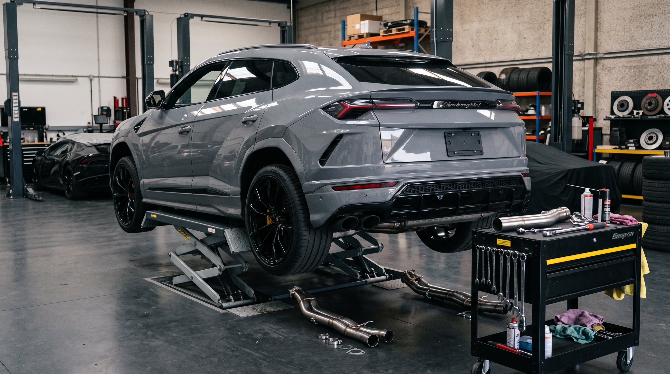 Lamborghini Urus in a performance workshop with exhaust components for an exhaust vs downpipes buyer guide