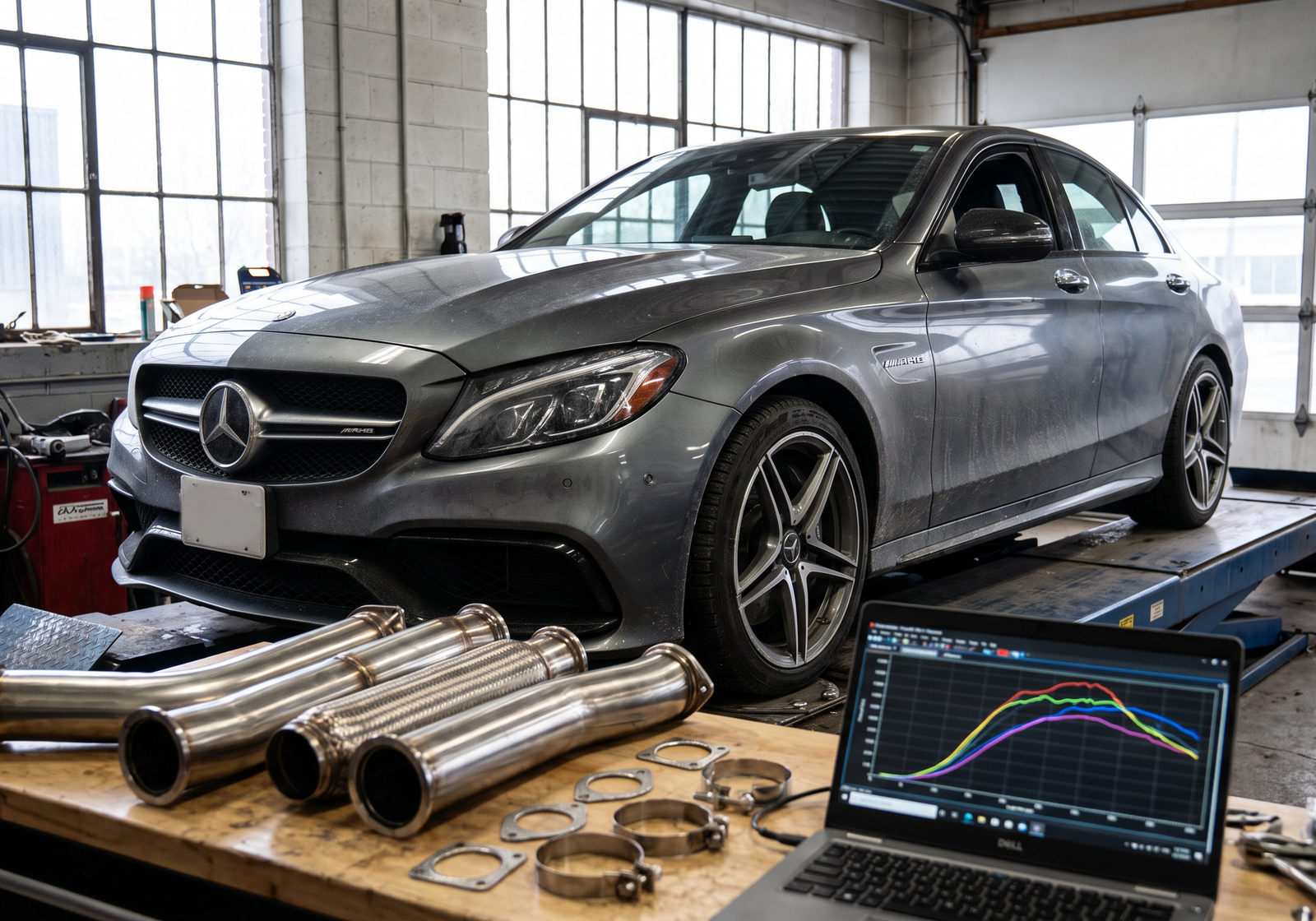 Mercedes-AMG sedan in a performance workshop with downpipe sections and a tuning laptop