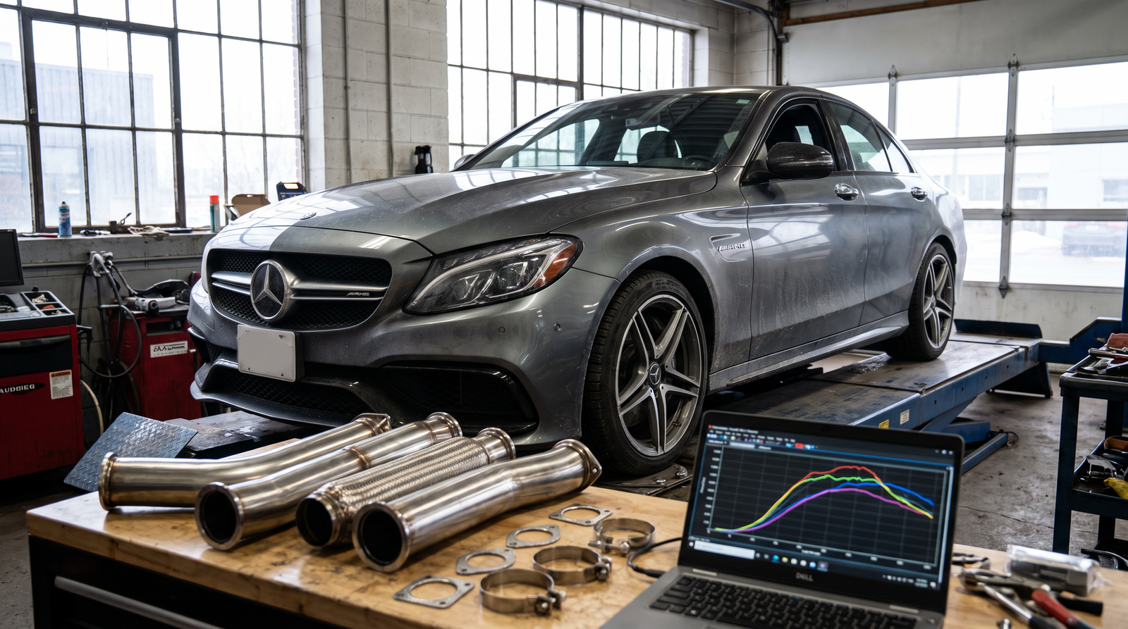 Mercedes-AMG sedan in a performance workshop with downpipe sections and a tuning laptop