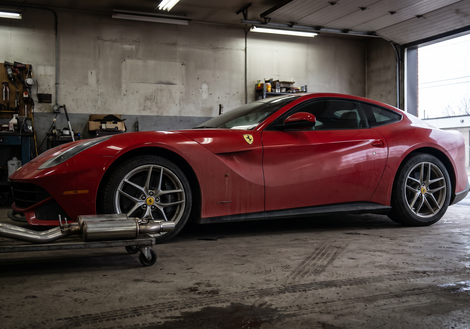 Illustration: red Ferrari F12berlinetta in a workshop with exhaust components for a downpipes and race exhaust guide