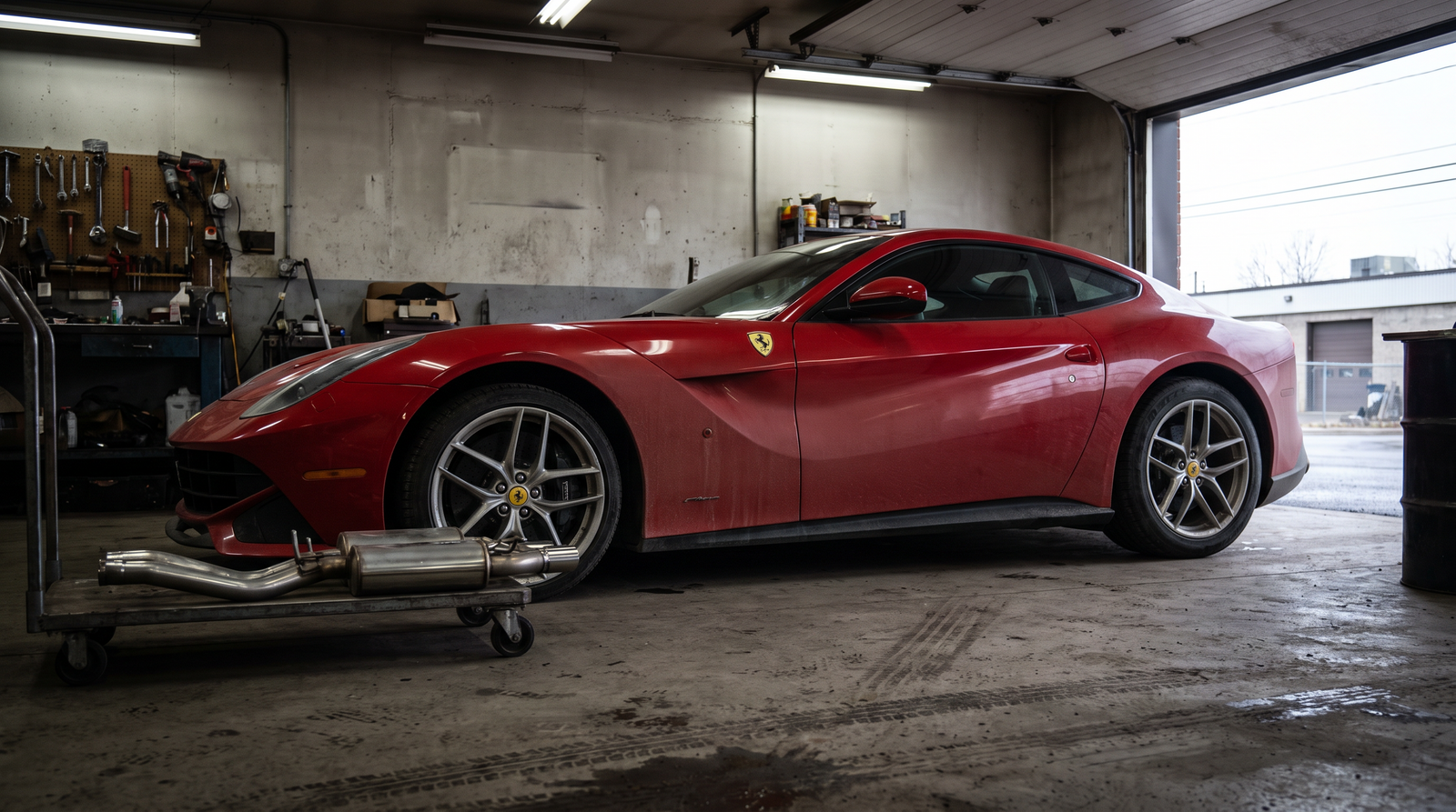 Illustration: red Ferrari F12berlinetta in a workshop with exhaust components for a downpipes and race exhaust guide