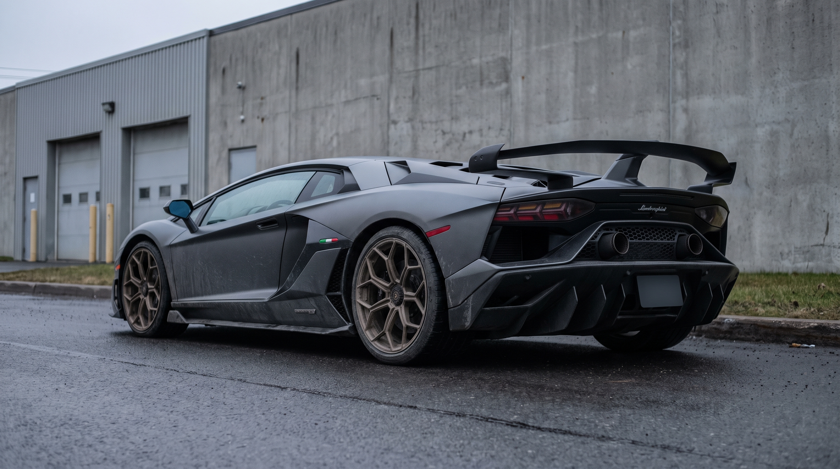 Illustration: grey Lamborghini Aventador SVJ rear three-quarter view on a wet industrial road with exhaust visible
