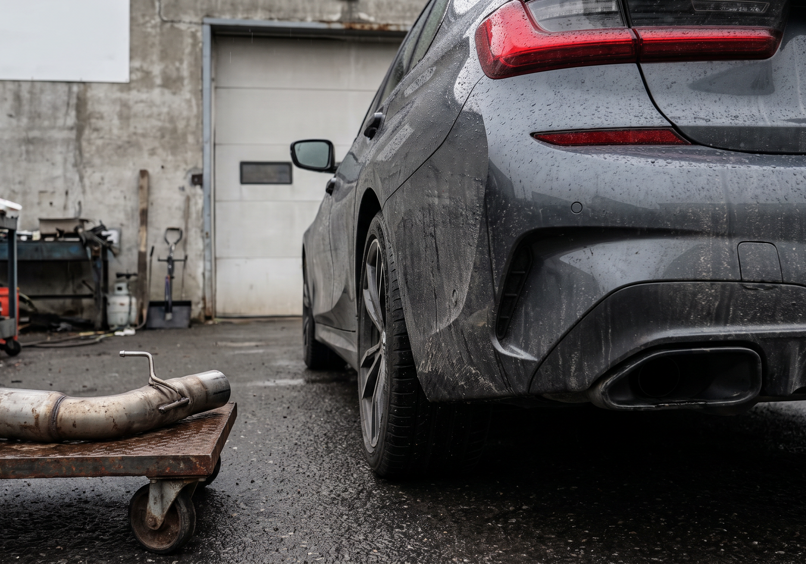 BMW M340i rear three-quarter in a wet workshop yard with downpipe section for a valved exhaust vs downpipe guide