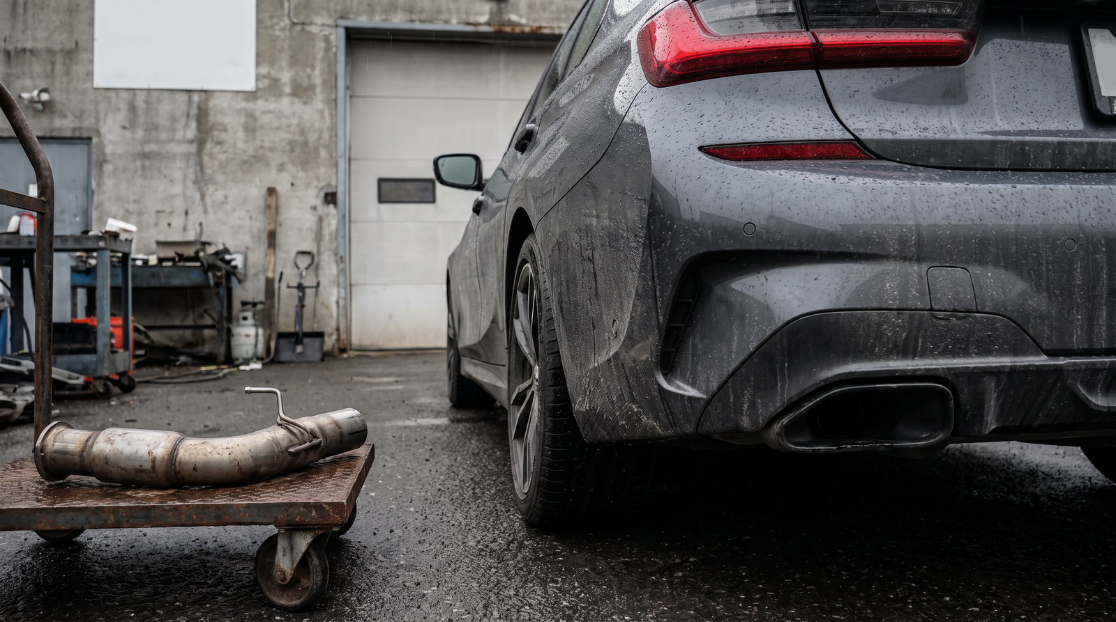 BMW M340i rear three-quarter in a wet workshop yard with downpipe section for a valved exhaust vs downpipe guide