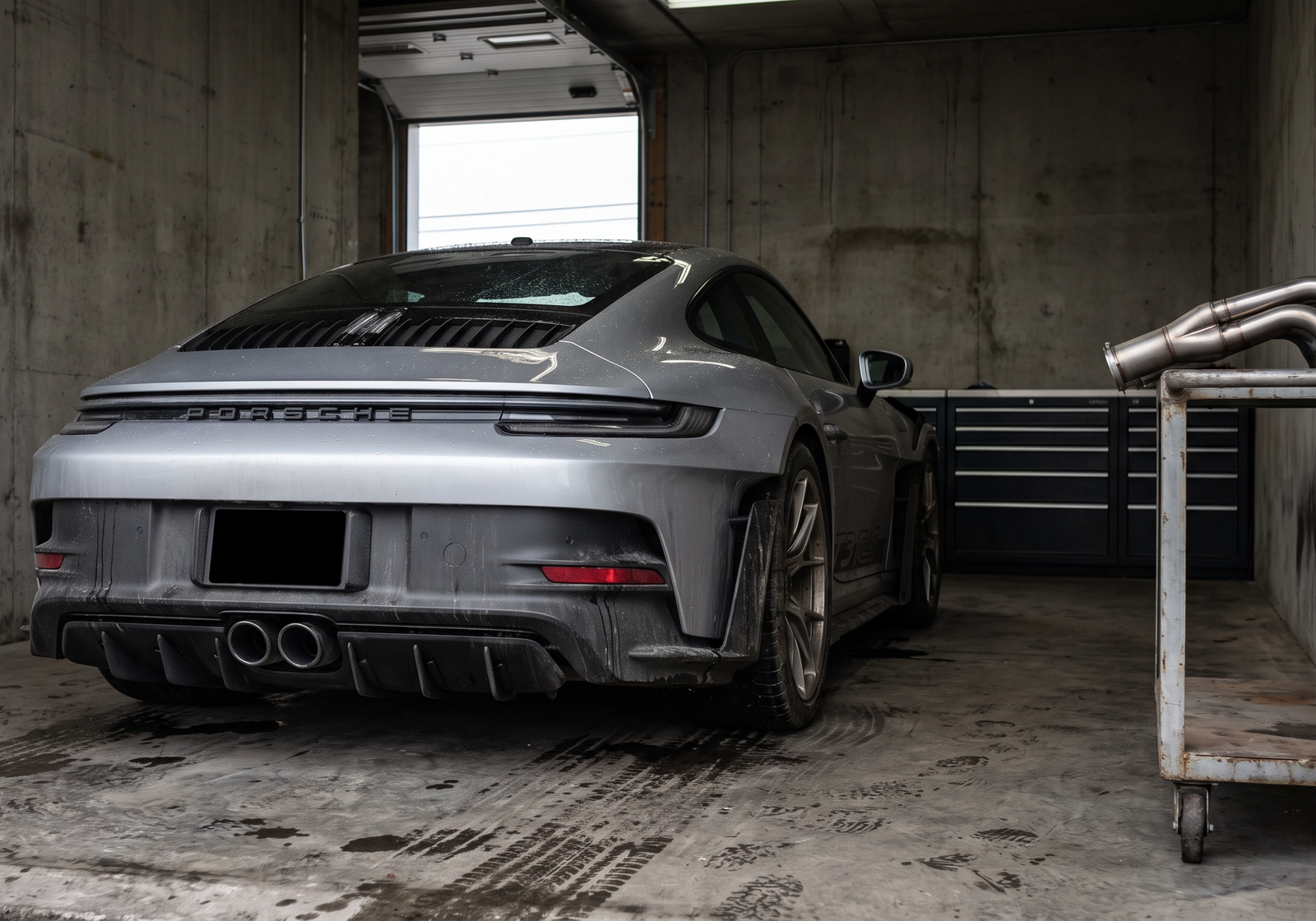 Illustration: silver Porsche 911 GT3 in a workshop with center exhaust and header tubing for a GT3 exhaust guide