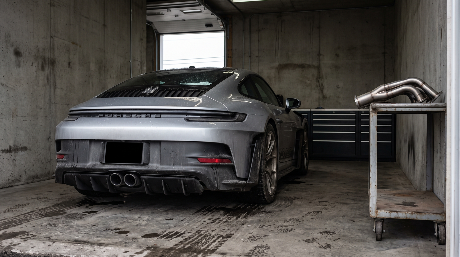 Illustration: silver Porsche 911 GT3 in a workshop with center exhaust and header tubing for a GT3 exhaust guide