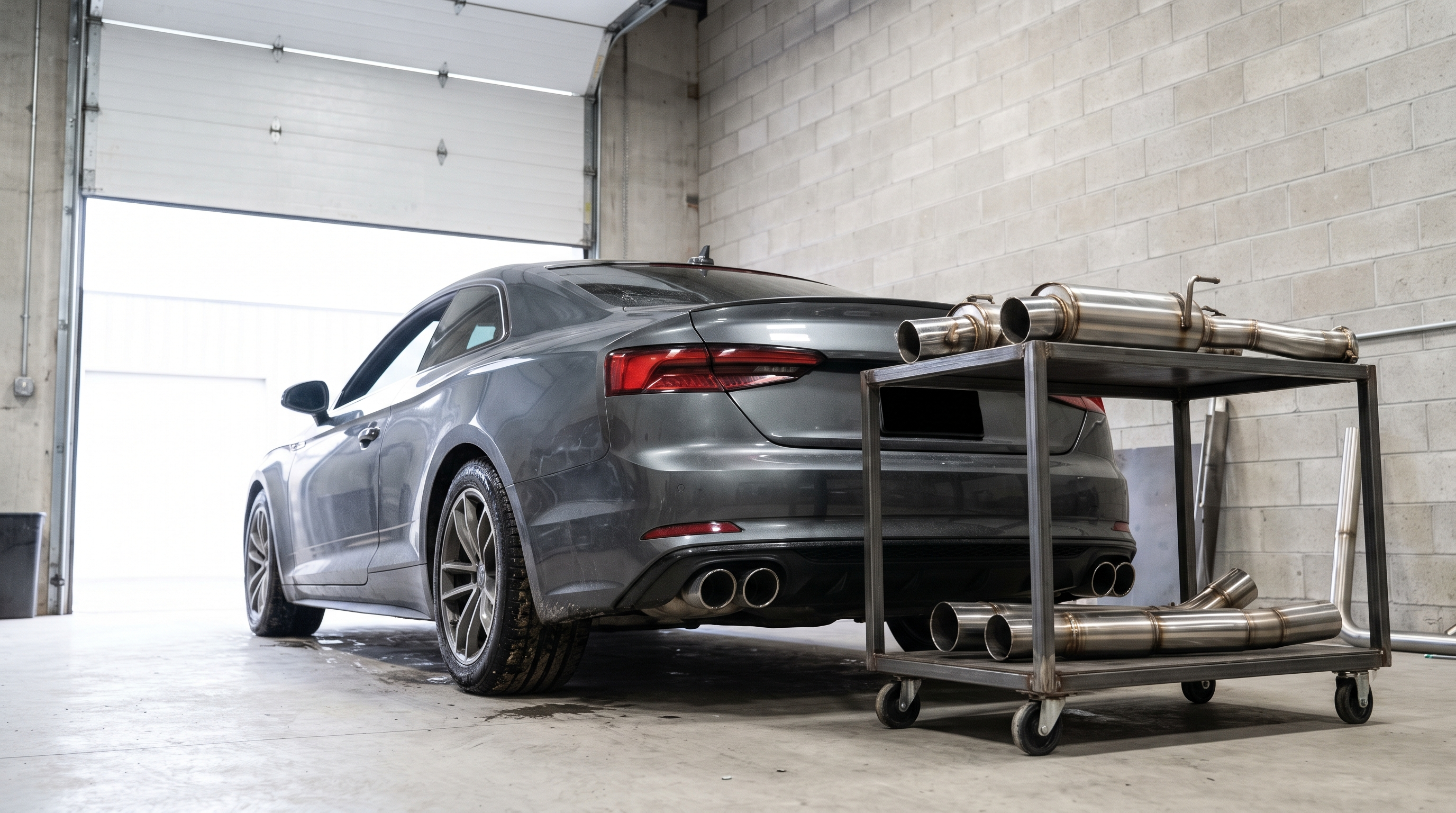 Illustration: grey performance coupe in a Québec exhaust workshop with valved cat-back components for a modified exhaust buyer guide