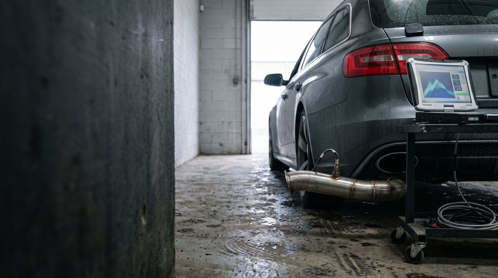Dark grey performance sedan in a tuning workshop with a downpipe and diagnostic laptop for a Stage 2 tuning checklist guide