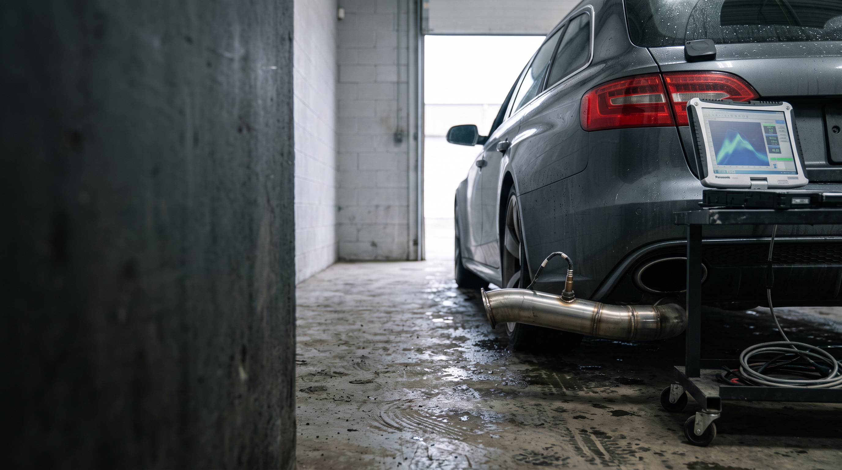 Dark grey performance sedan in a tuning workshop with a downpipe and diagnostic laptop for a Stage 2 tuning checklist guide