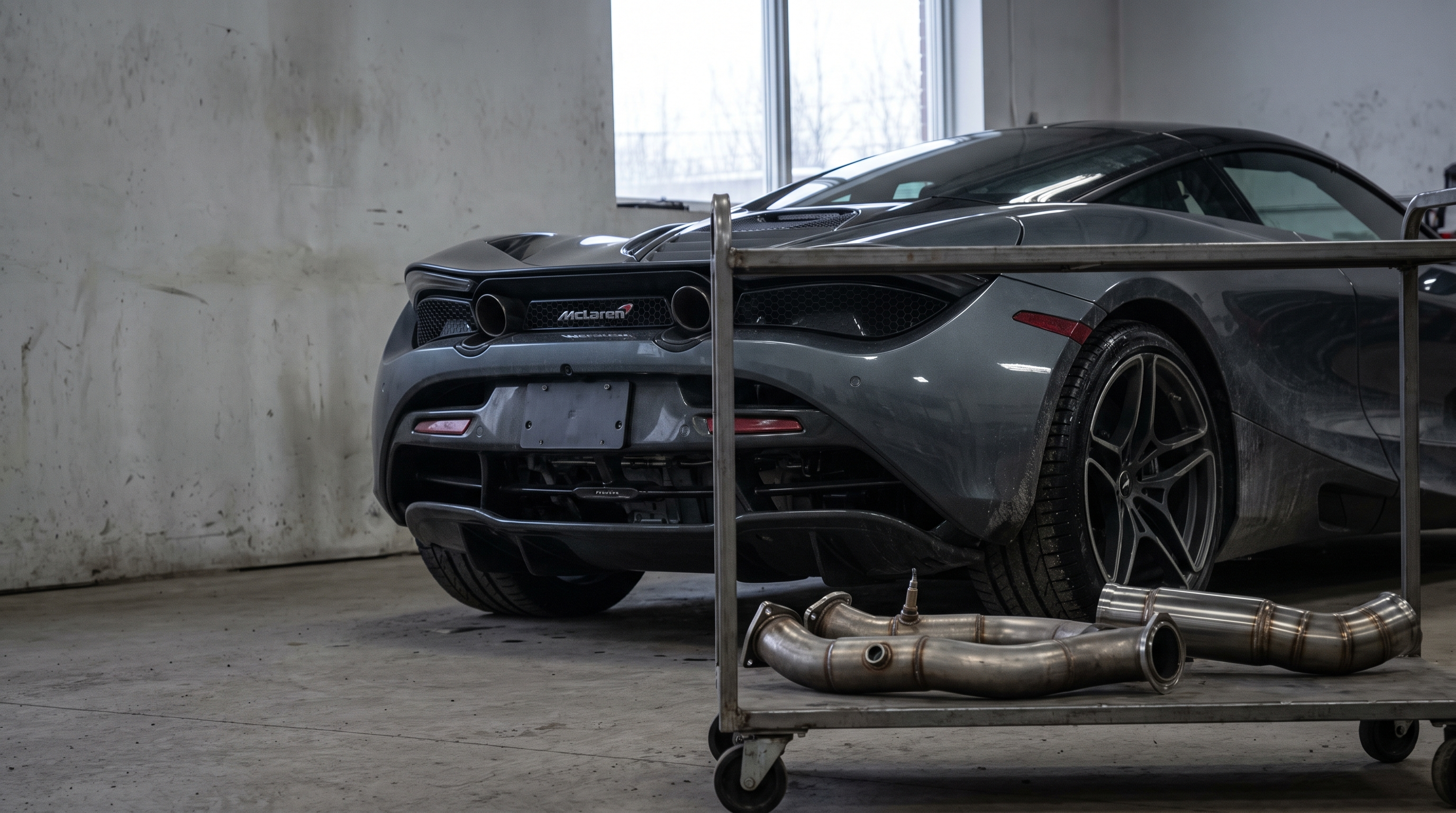 McLaren supercar in a performance workshop with downpipes and race exhaust parts for a fitment guide