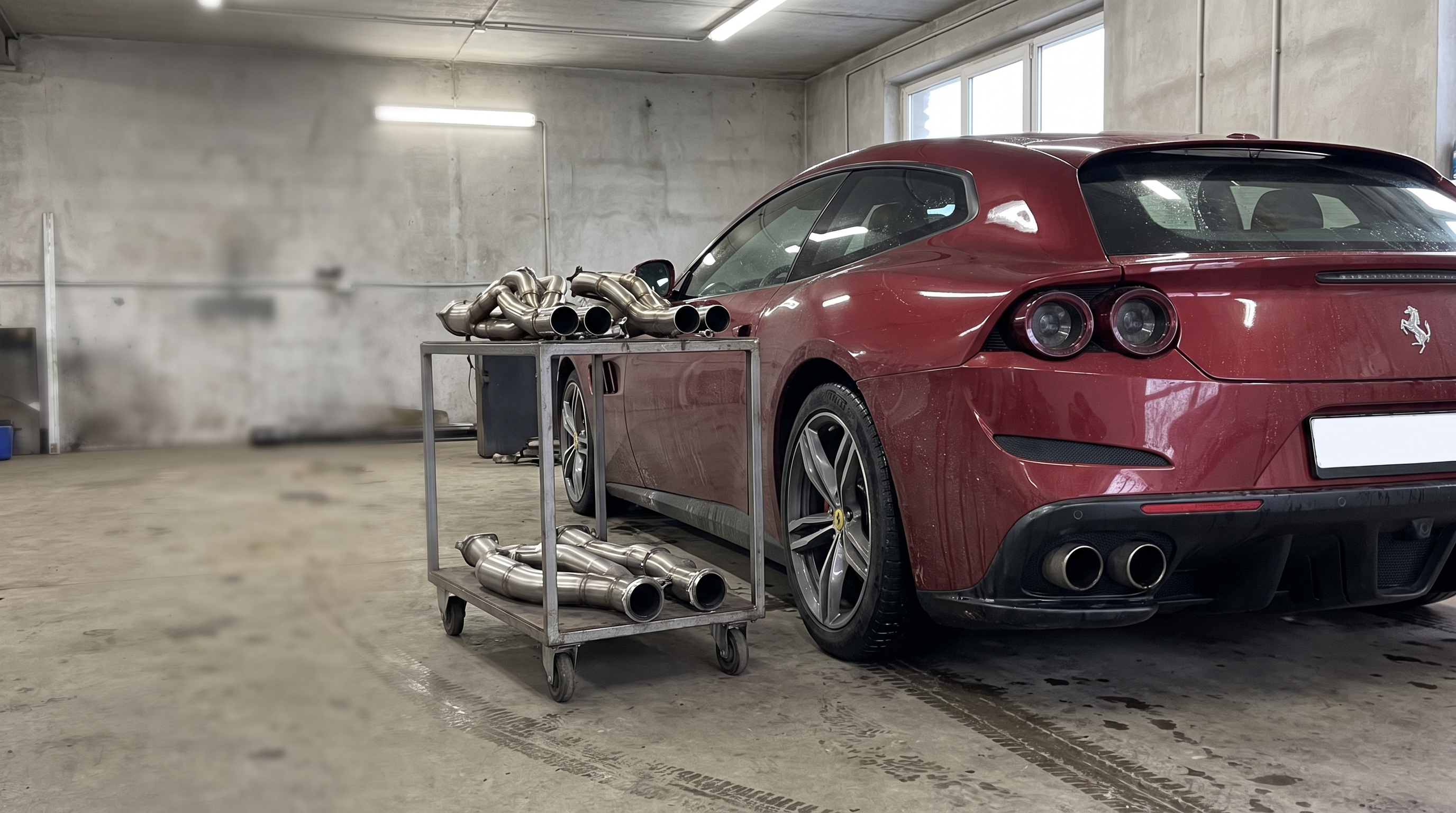 Illustration: dark red Ferrari FF or GTC4Lusso-style V12 shooting brake in a workshop with exhaust and downpipe sections for a buyer guide