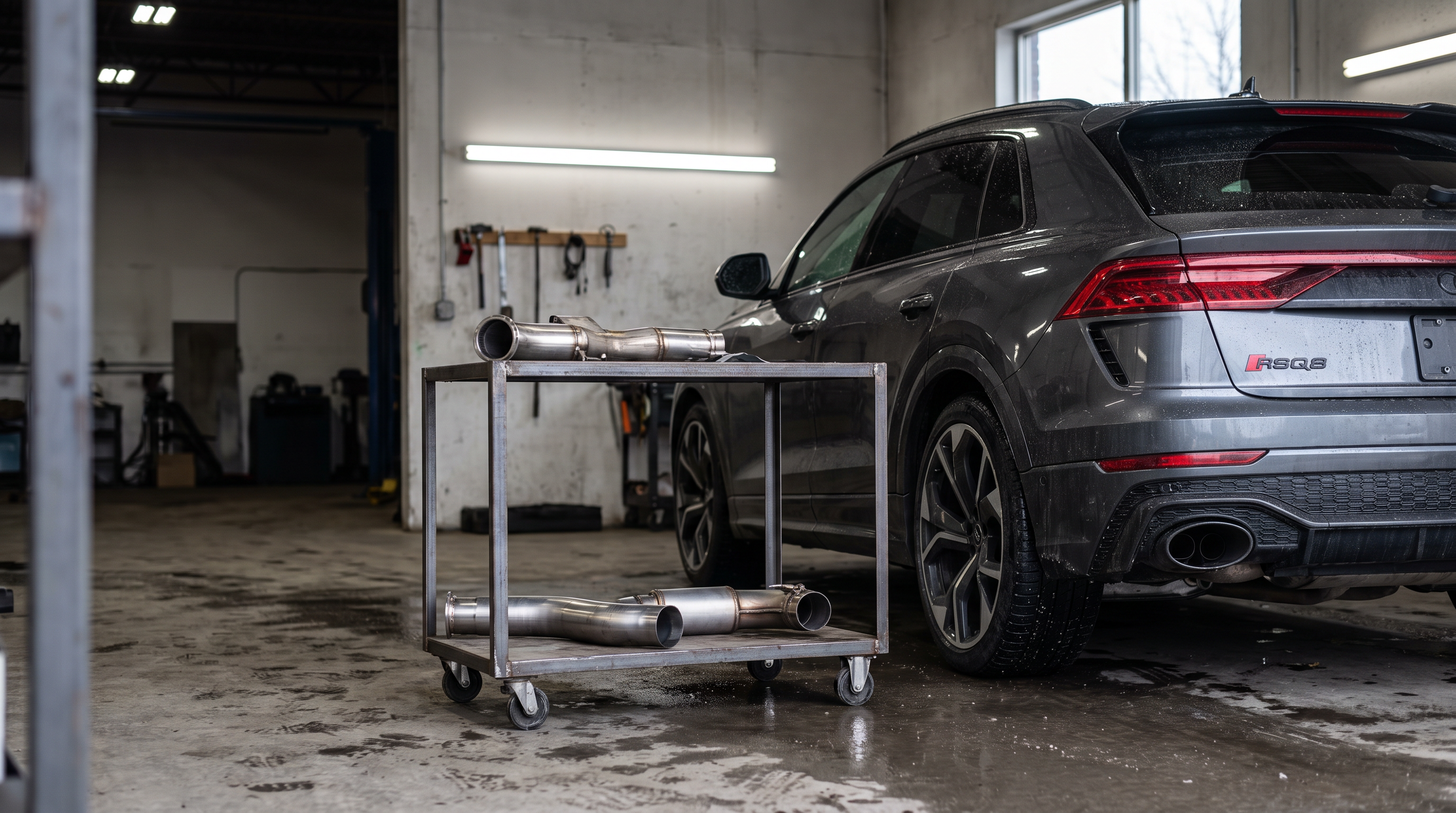 Illustration: charcoal Audi RSQ8-style SUV in a workshop with downpipe and race exhaust sections for a buyer guide