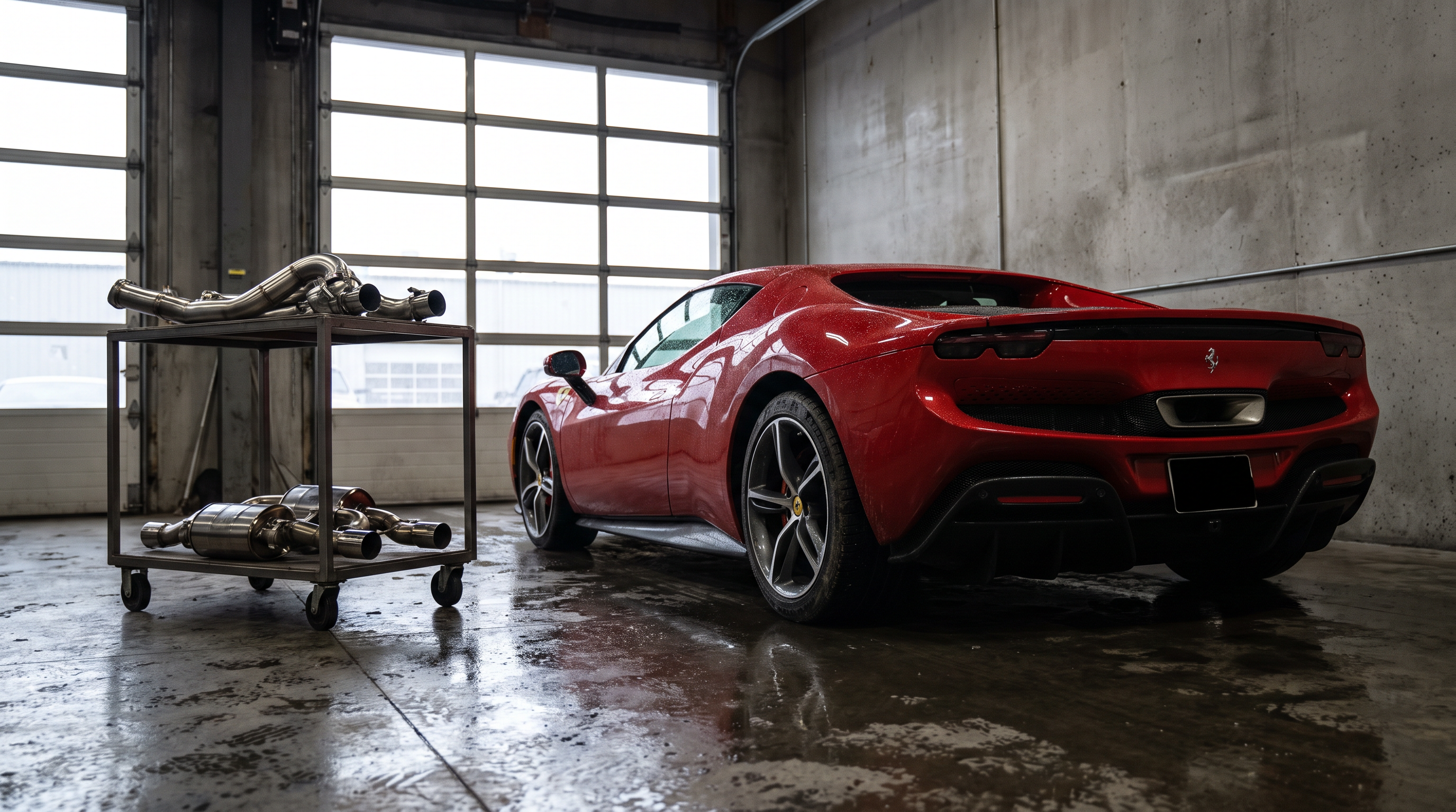 Illustration: red Ferrari SF90 or 296-style coupe in a workshop with exhaust and downpipe sections for a Ferrari performance exhaust guide