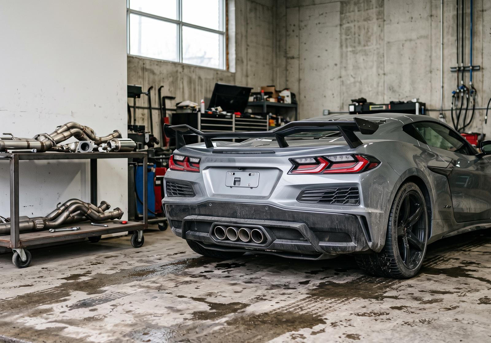 Illustration: silver Corvette C8 Z06-style coupe in a workshop with downpipe and race exhaust components for a buyer guide