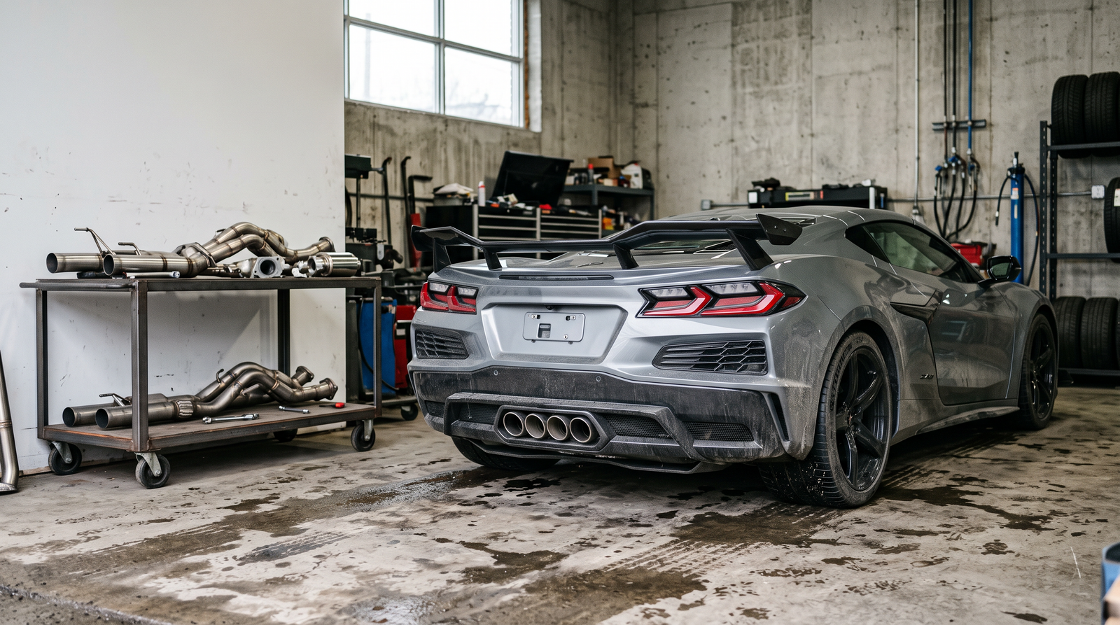 Illustration: silver Corvette C8 Z06-style coupe in a workshop with downpipe and race exhaust components for a buyer guide