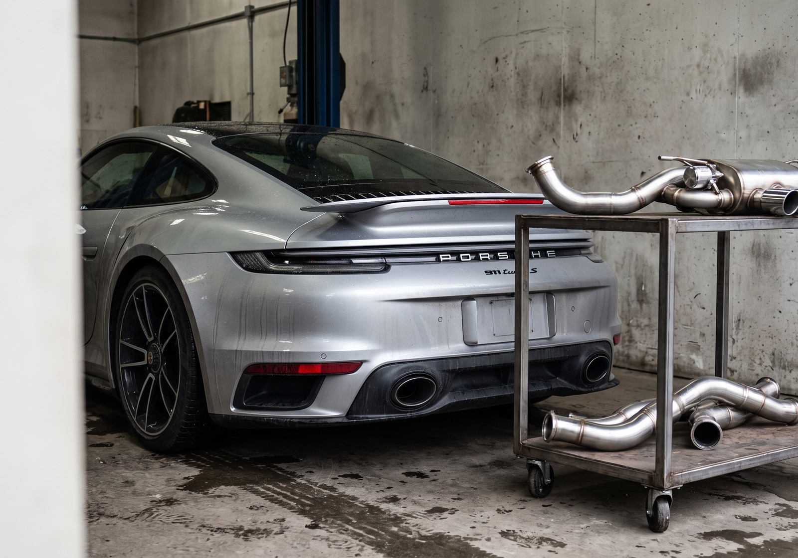 Illustration: silver Porsche 992 Turbo S-style coupe in a workshop with downpipe and valved race exhaust components for an upgrade guide