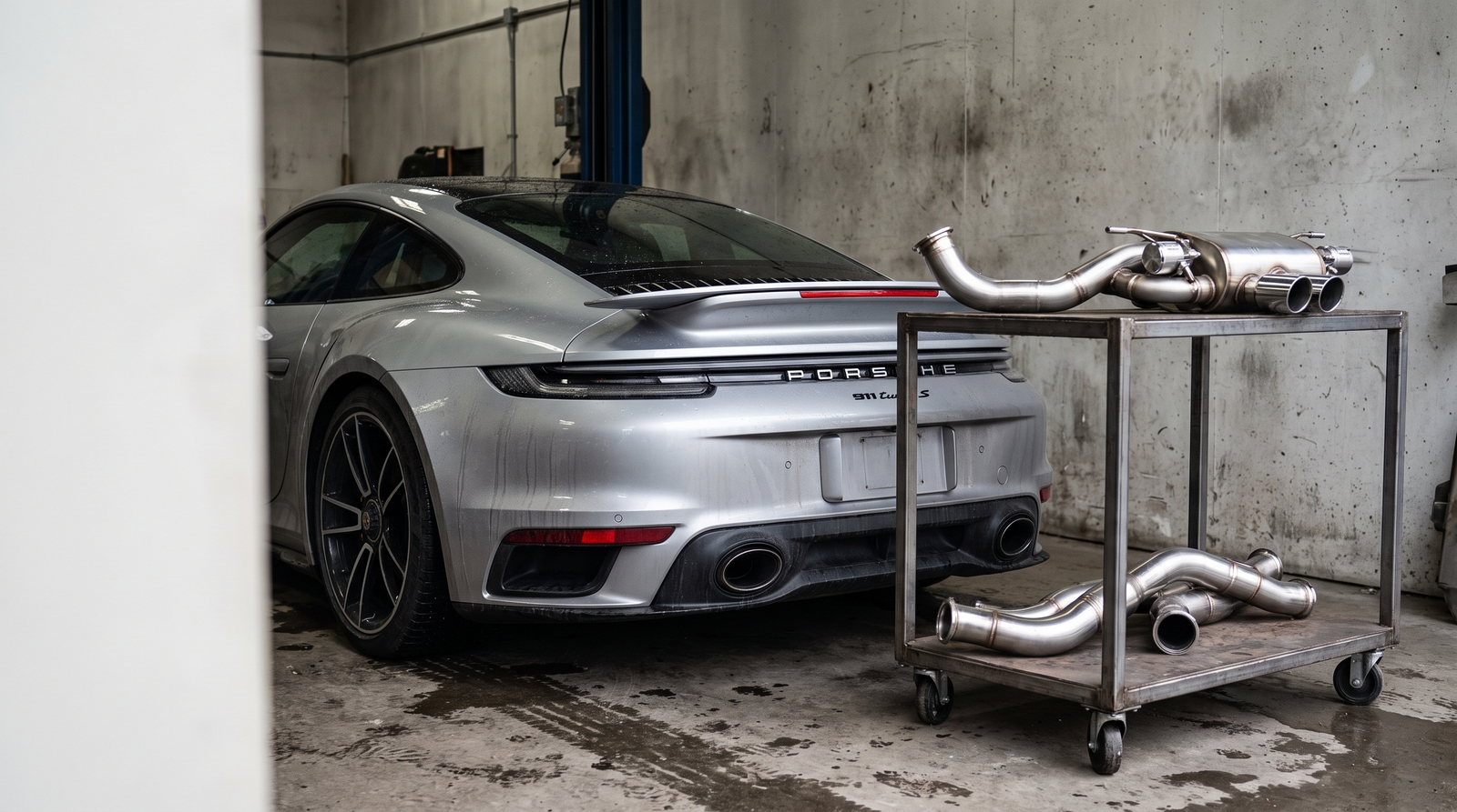 Illustration: silver Porsche 992 Turbo S-style coupe in a workshop with downpipe and valved race exhaust components for an upgrade guide
