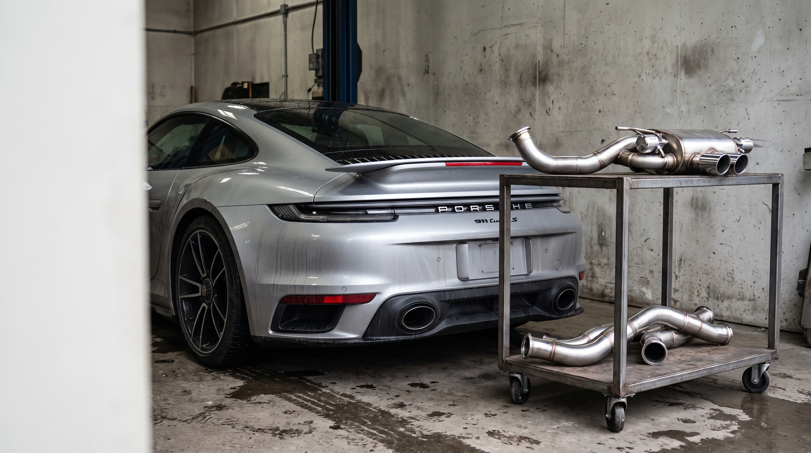 Illustration: silver Porsche 992 Turbo S-style coupe in a workshop with downpipe and valved race exhaust components for an upgrade guide