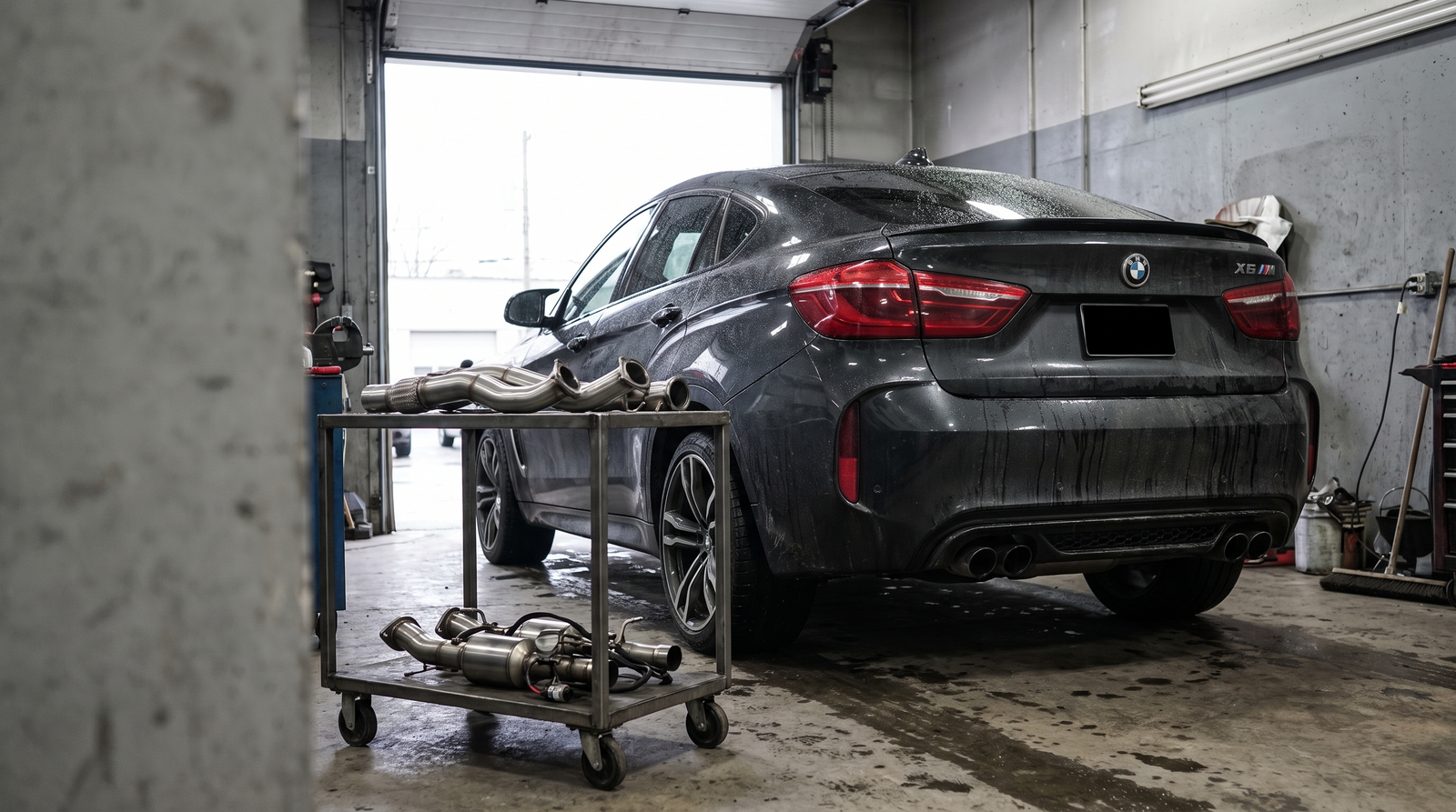 Illustration: dark BMW X5M/X6M-style performance SUV in a workshop with exhaust and downpipe components for an upgrade guide