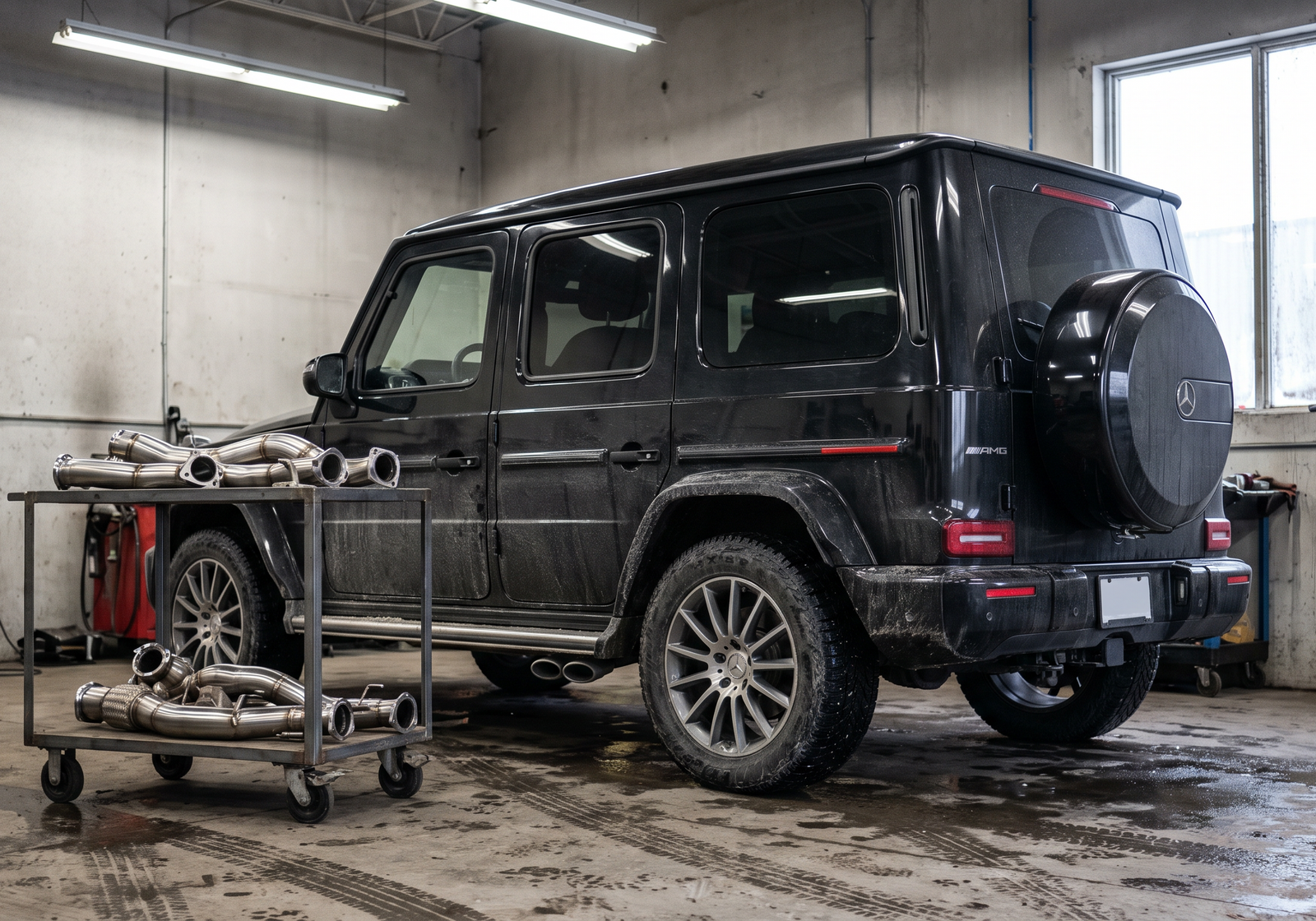 Illustration: black Mercedes-AMG G63-style SUV in a workshop with downpipe and exhaust components for a fitment and tuning guide