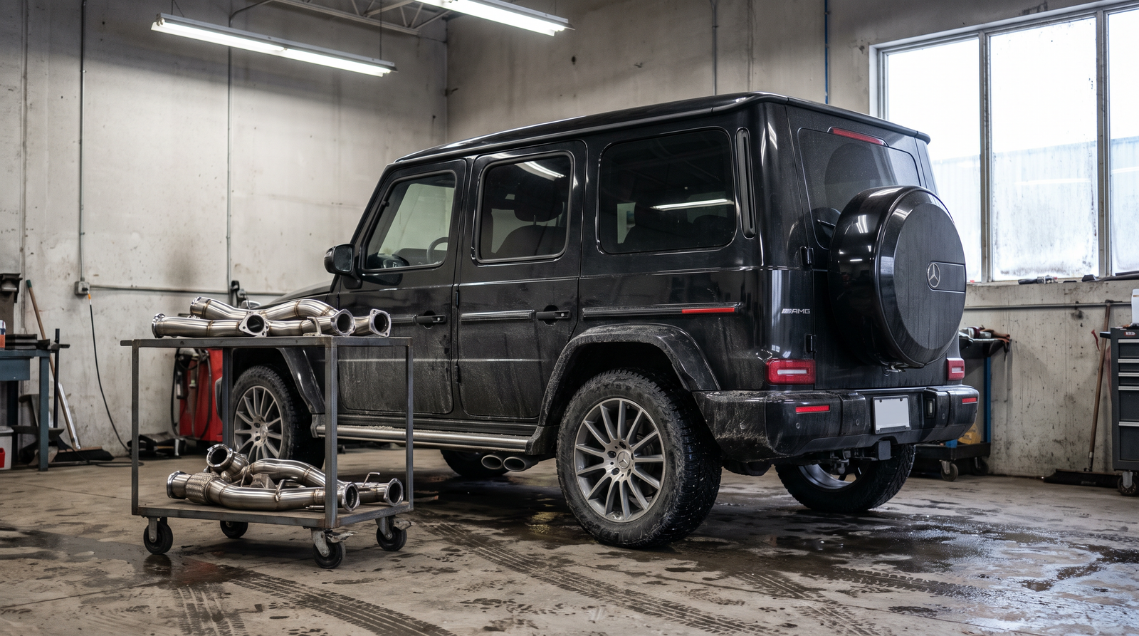 Illustration: black Mercedes-AMG G63-style SUV in a workshop with downpipe and exhaust components for a fitment and tuning guide