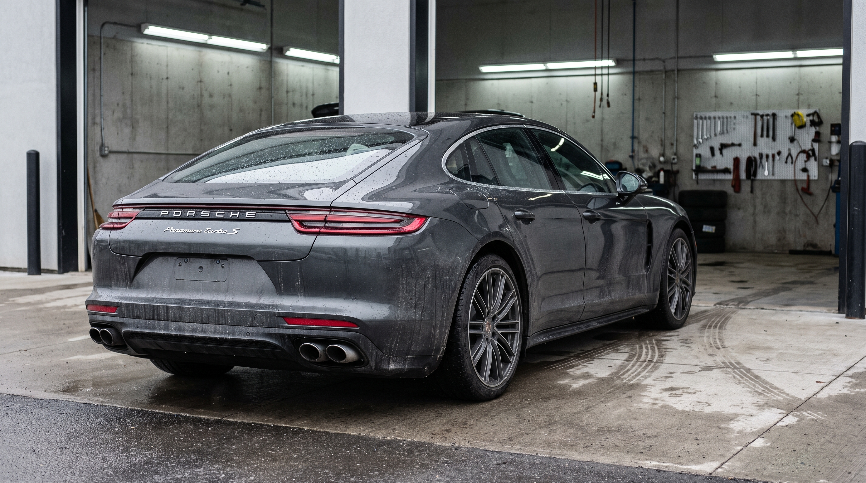 Illustration of a grey Porsche Panamera Turbo S-style sedan outside a wet workshop, with rear exhaust tips visible.