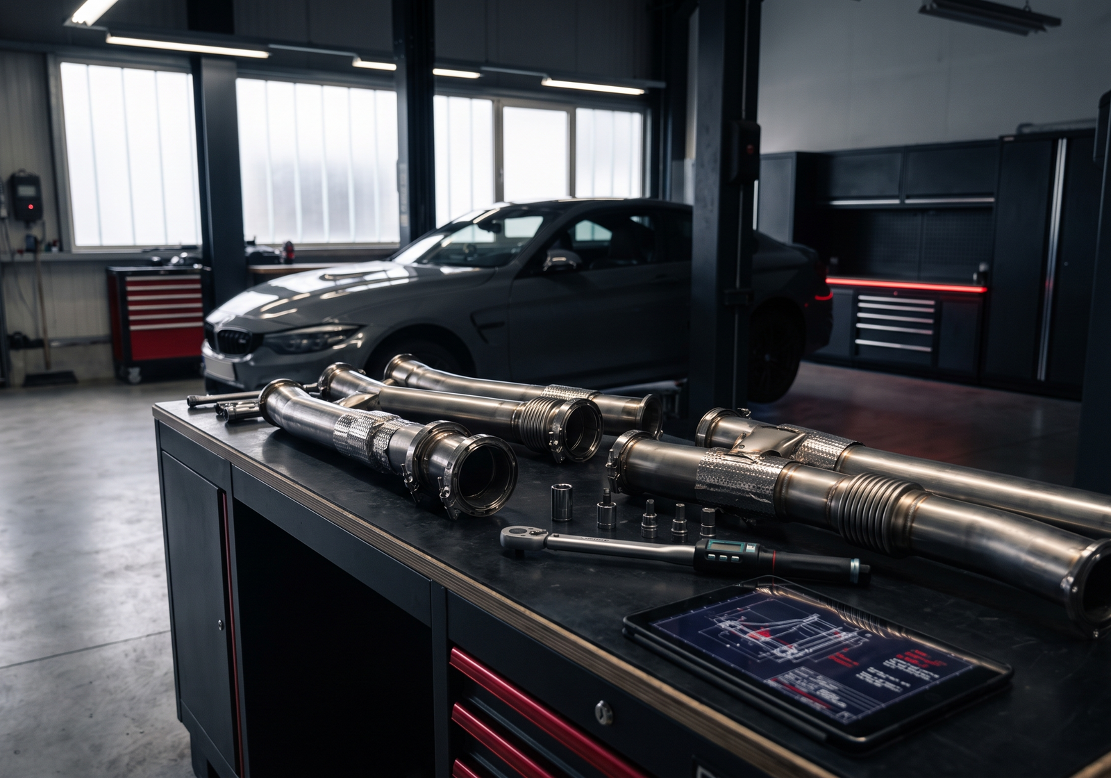 BMW S58 downpipe and race exhaust components staged in a performance workshop for fitment comparison