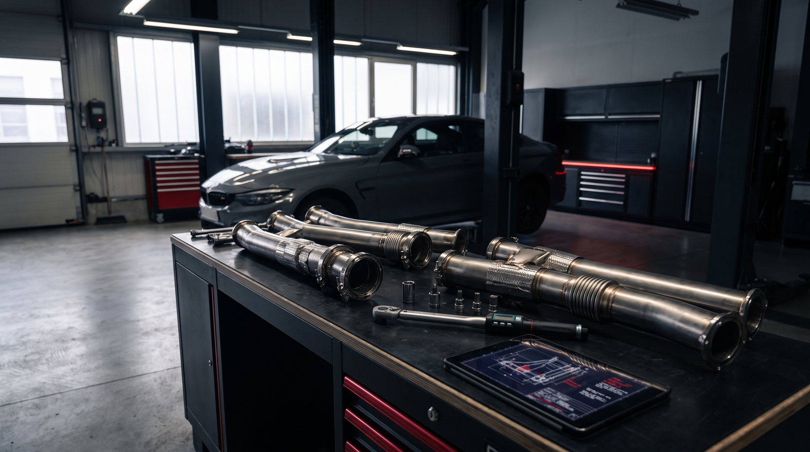 BMW S58 downpipe and race exhaust components staged in a performance workshop for fitment comparison