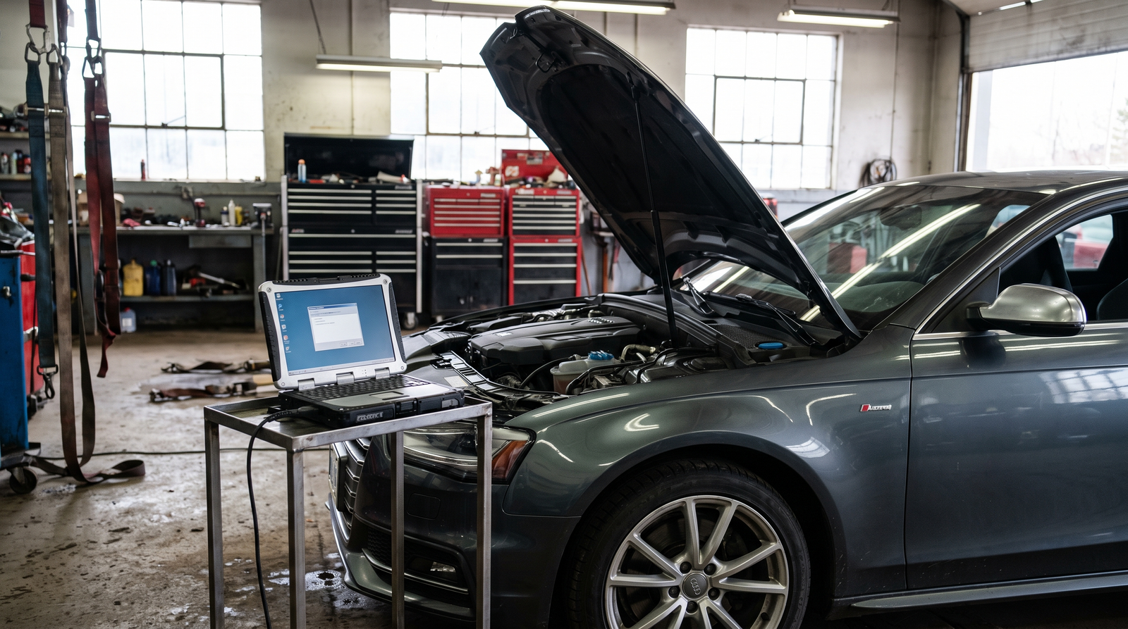 Stage 1 ECU tuning diagnostic laptop connected to a performance car in a workshop