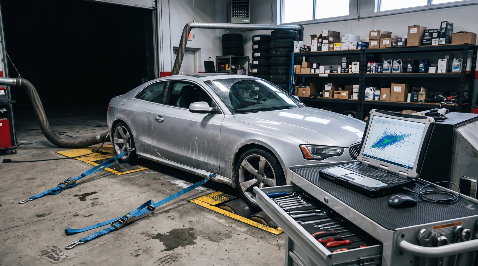 Silver performance coupe strapped to a dyno in a Quebec tuning workshop for ECU calibration