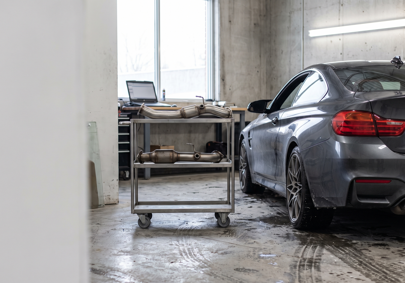 Illustration: dark performance coupe in a workshop with catted and catless downpipe sections for a tuning guide