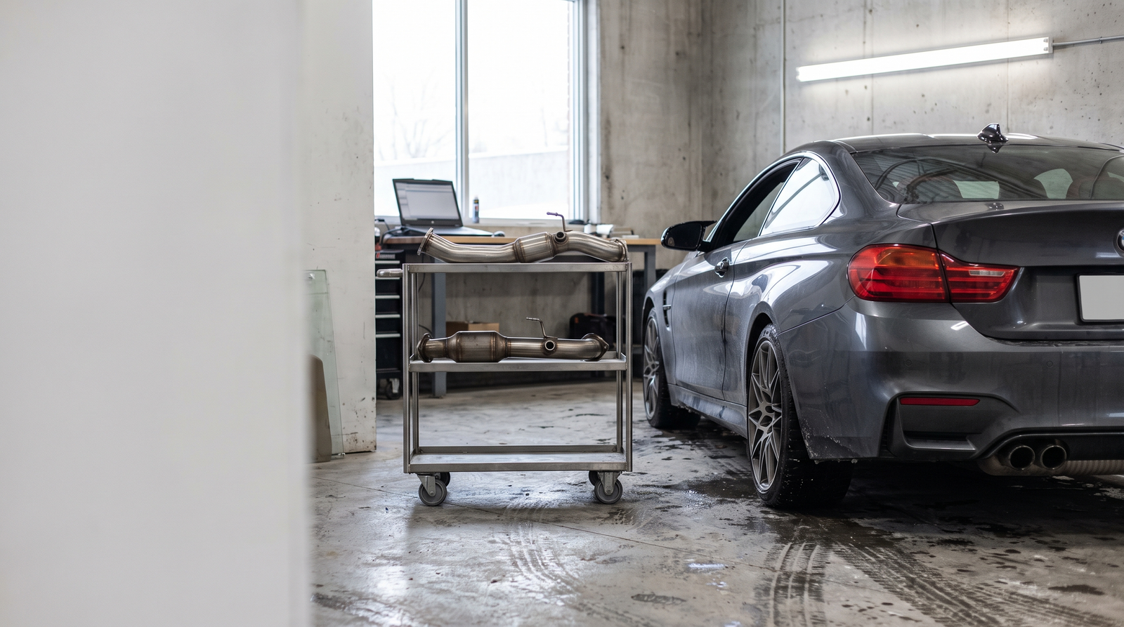 Illustration: dark performance coupe in a workshop with catted and catless downpipe sections for a tuning guide