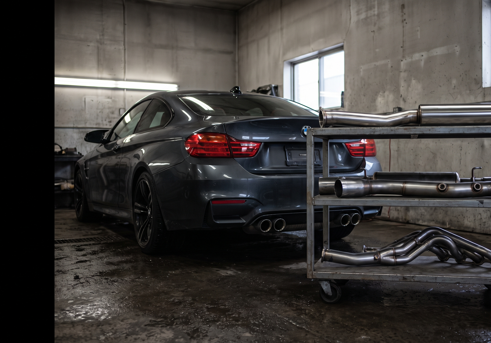 Illustration: grey performance coupe in a workshop with muffler, catback and header-style exhaust parts for an upgrade comparison guide