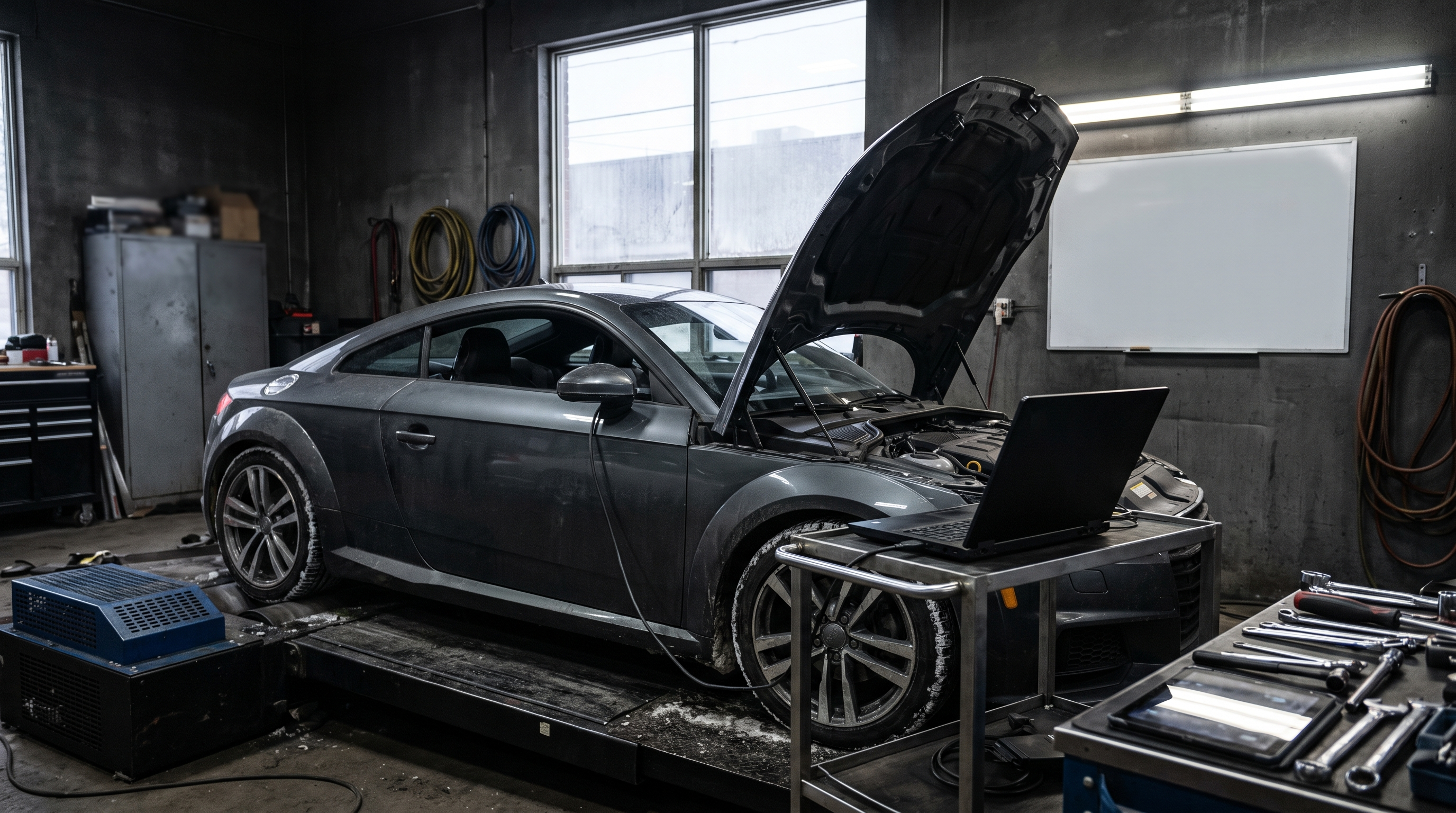 Unbranded performance coupe on a chassis dyno with a diagnostic laptop for an ECU tuning booking checklist