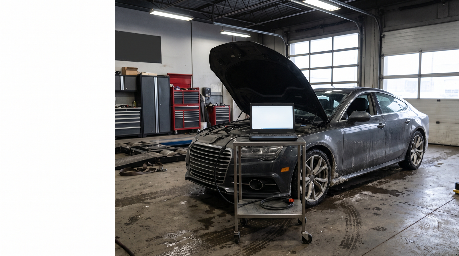 Generic European sport sedan in a Quebec tuning workshop with diagnostic laptop for a BMW tuning checklist