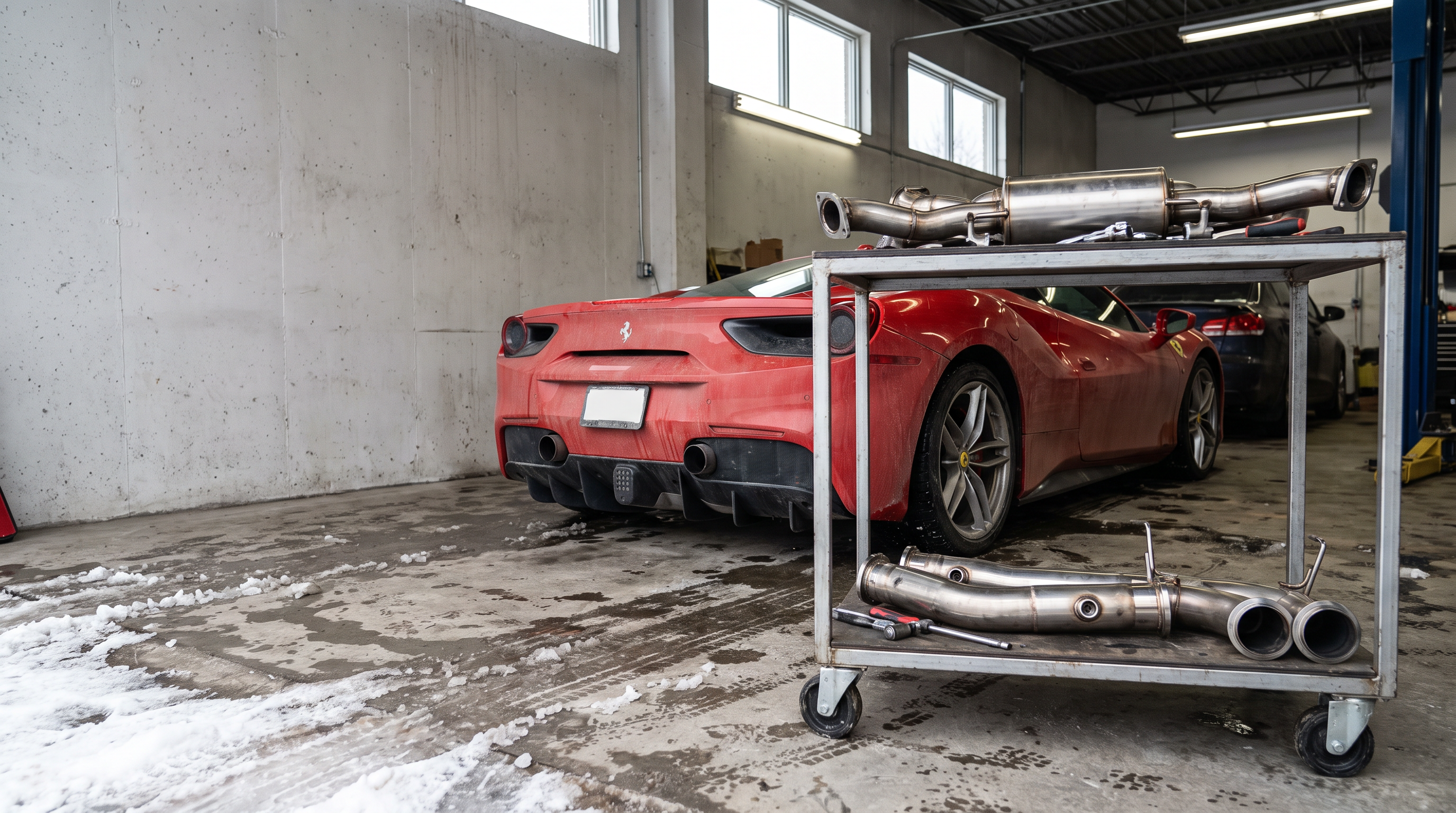 Illustration: Ferrari-inspired performance coupe in a workshop with exhaust and downpipe components for a 488/F8 buyer guide